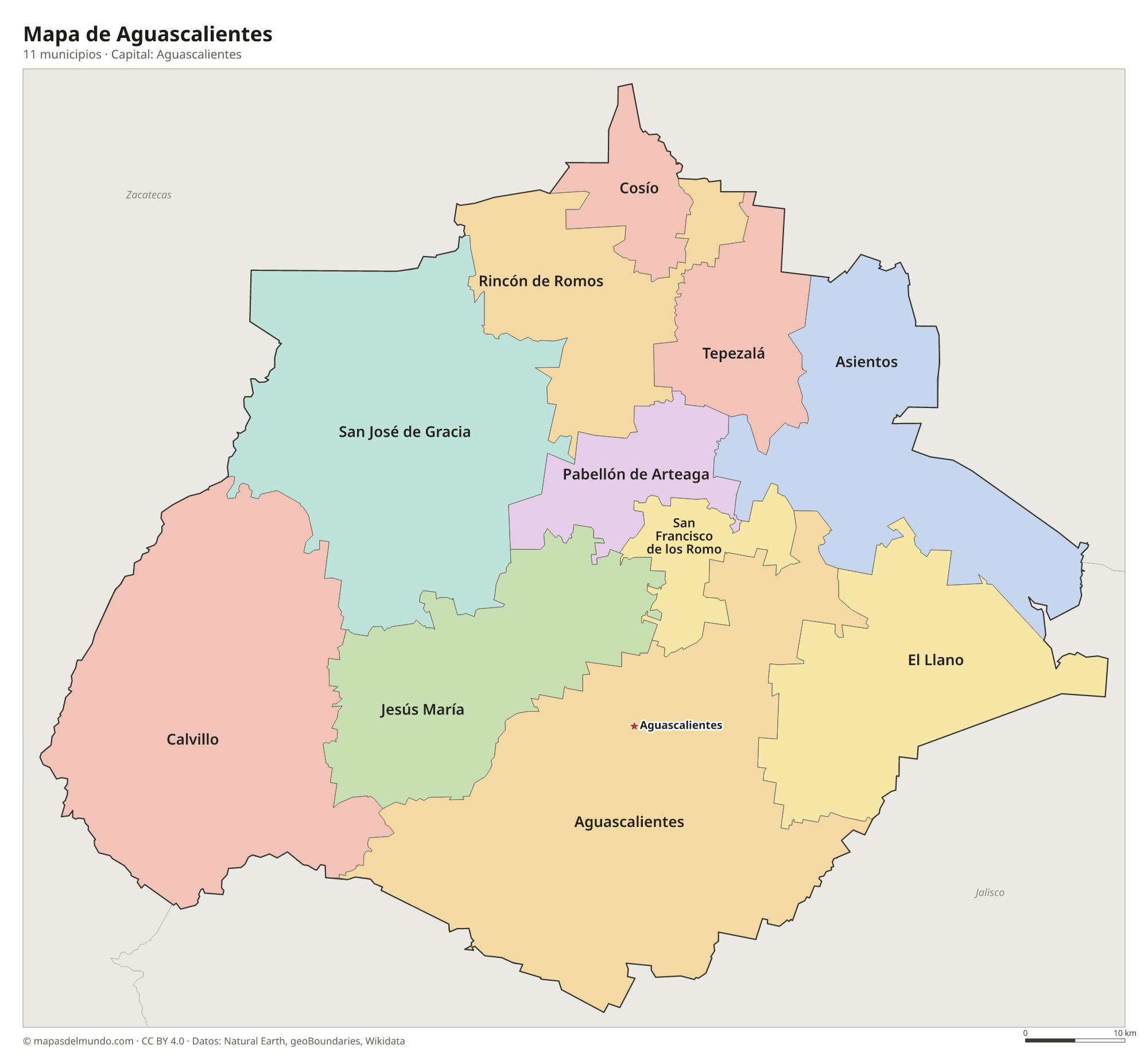 Mapa de Aguascalientes con sus 11 municipios