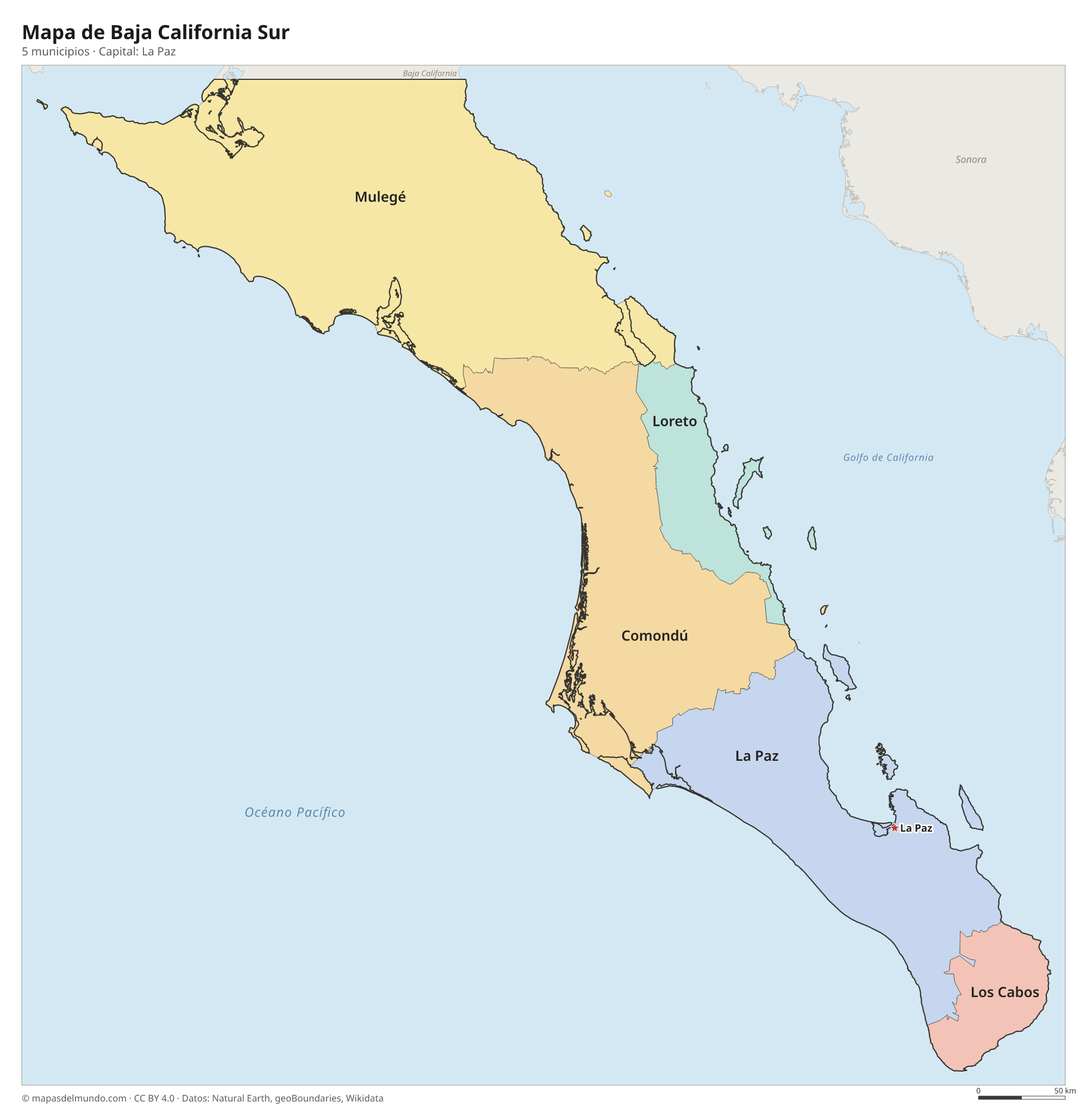 Mapa de Baja California Sur con sus 5 municipios
