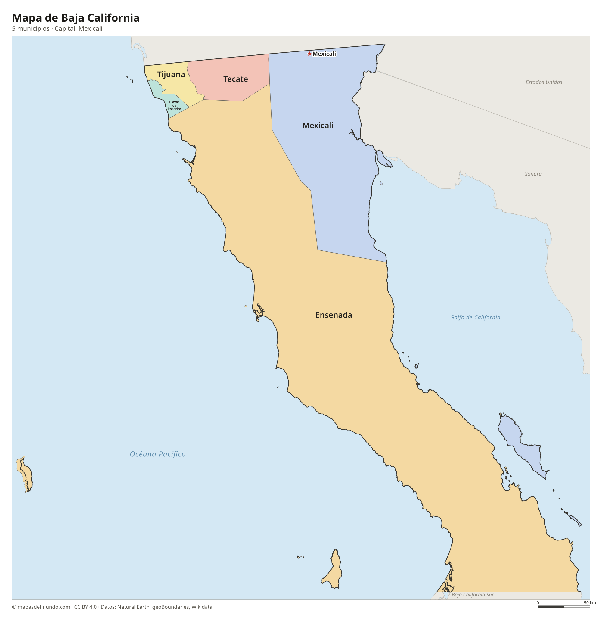 Mapa de Baja California con sus 5 municipios
