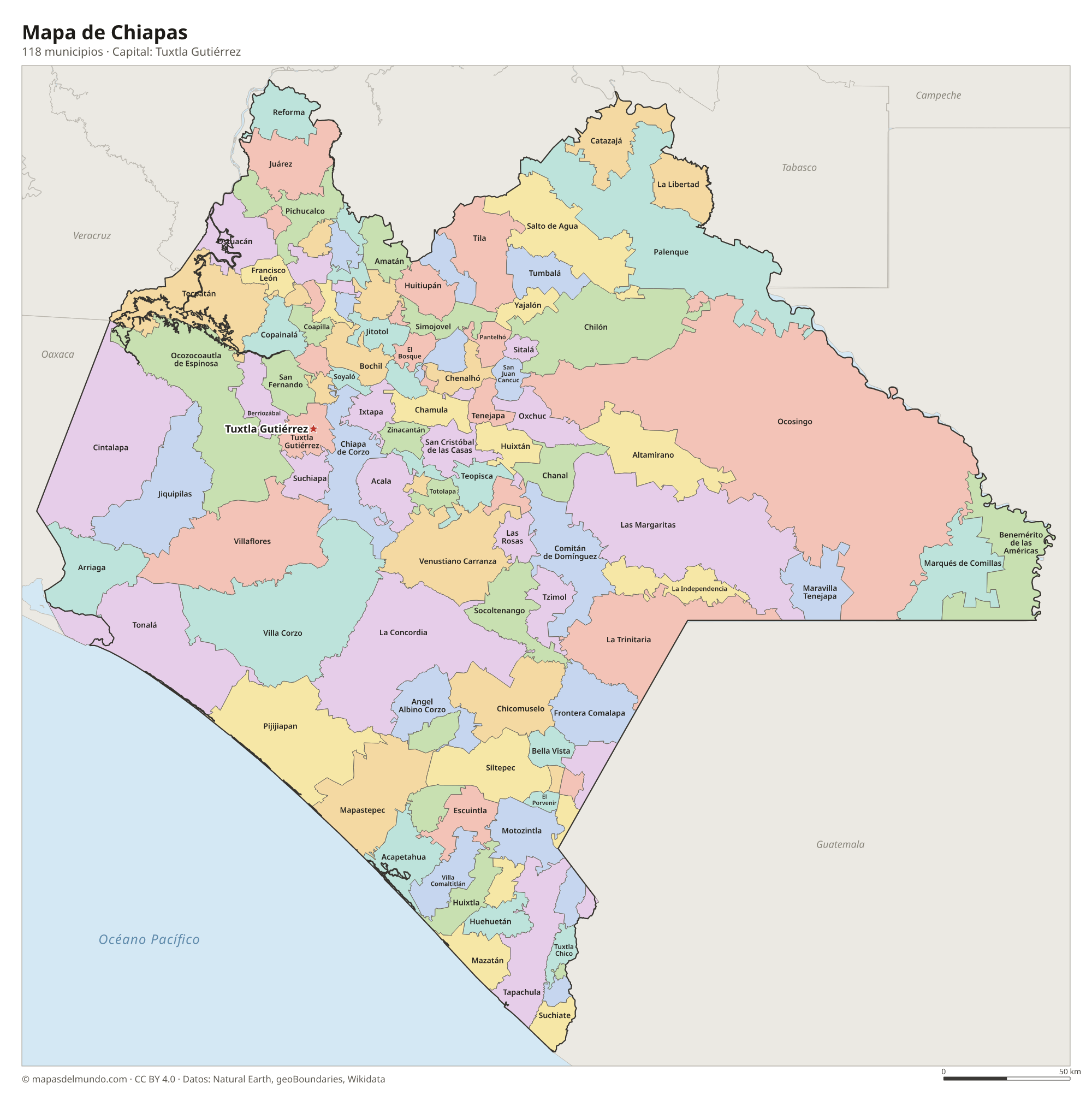 Mapa de Chiapas con sus 118 municipios