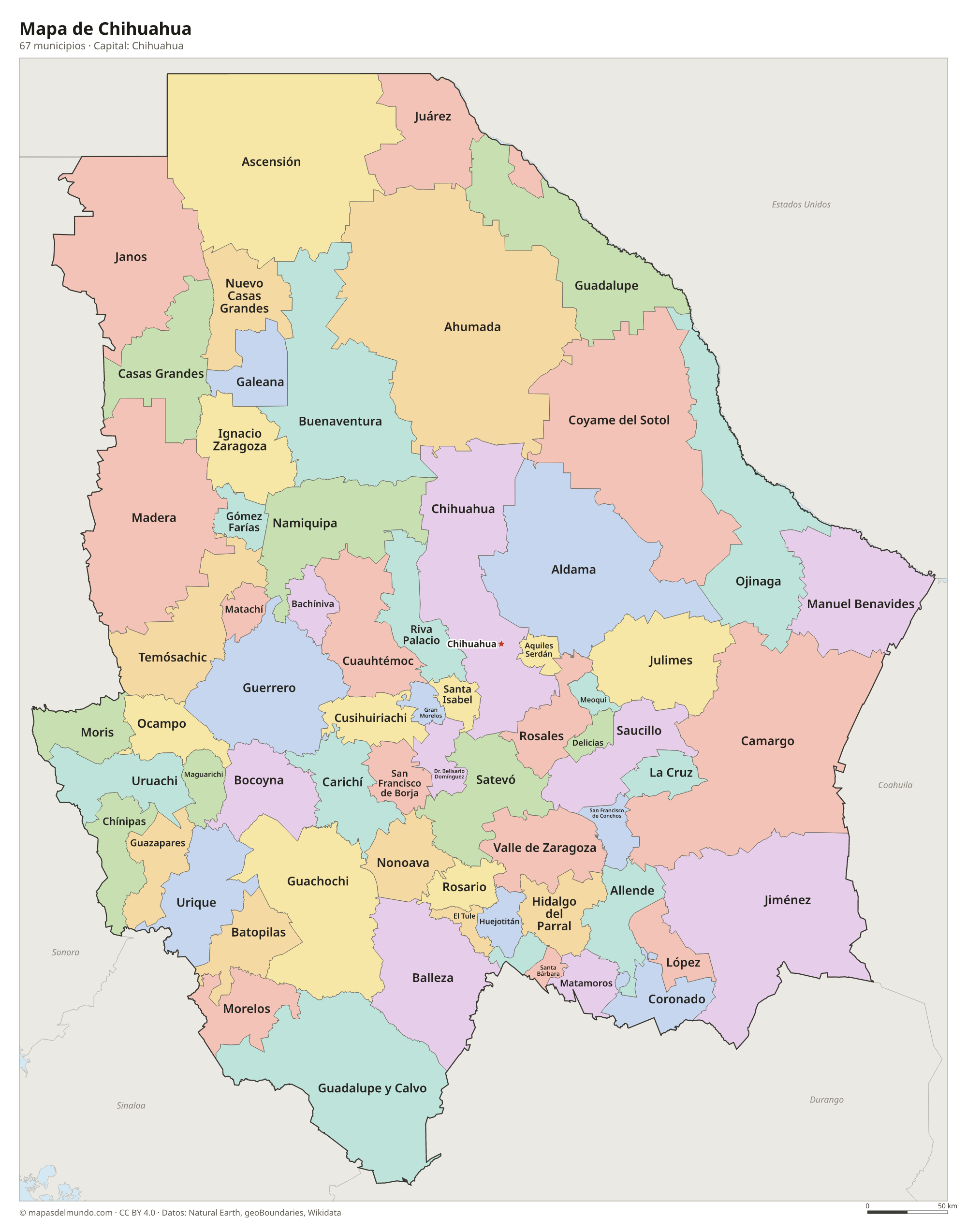 Mapa de Chihuahua con sus 67 municipios