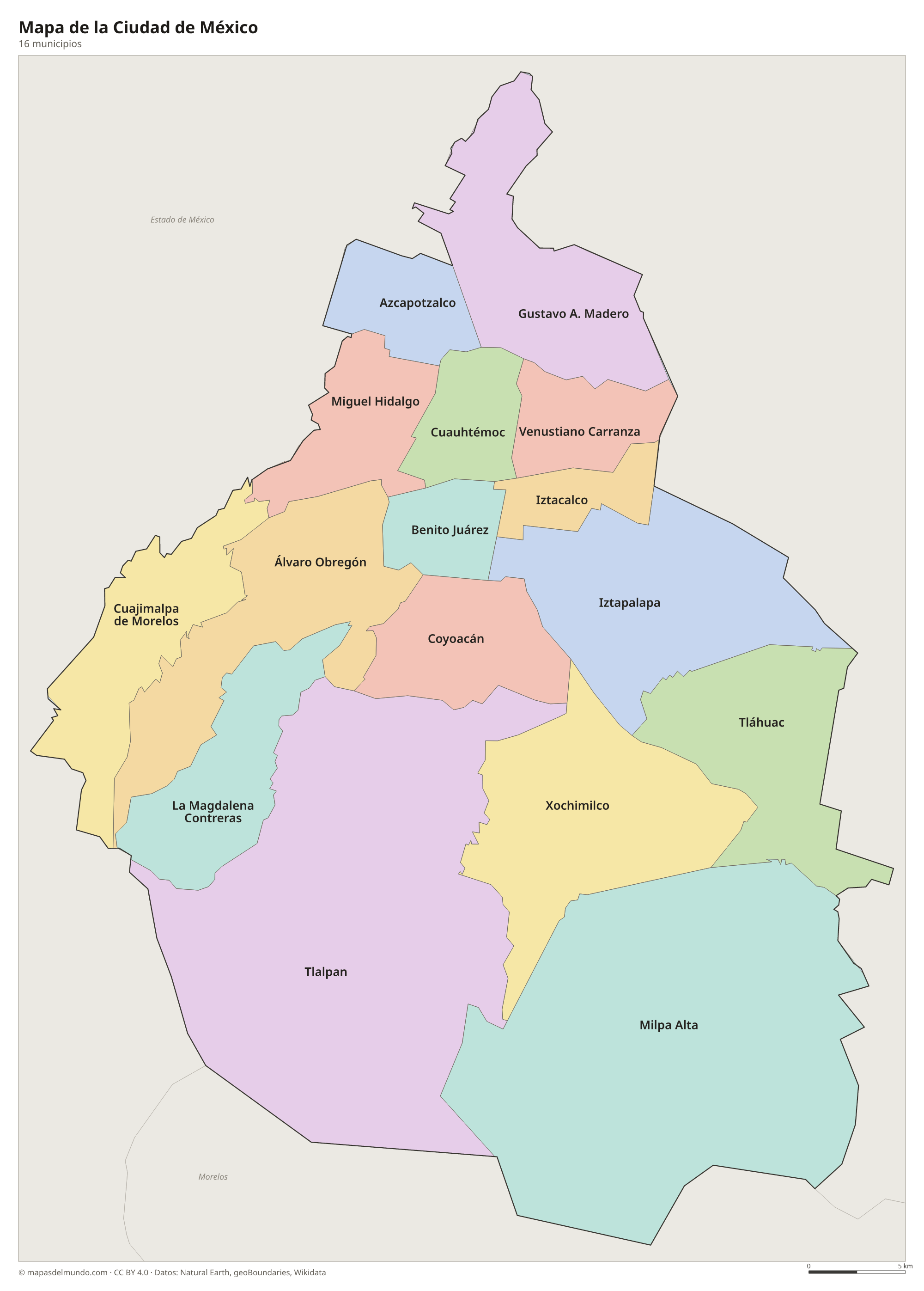Mapa de la Ciudad de México con sus 16 municipios