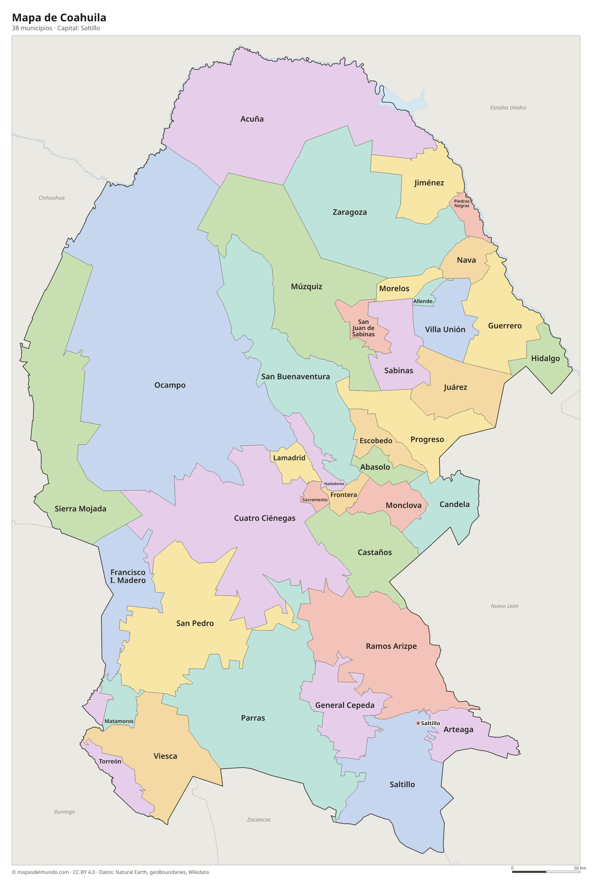 Mapa de Coahuila con sus 38 municipios