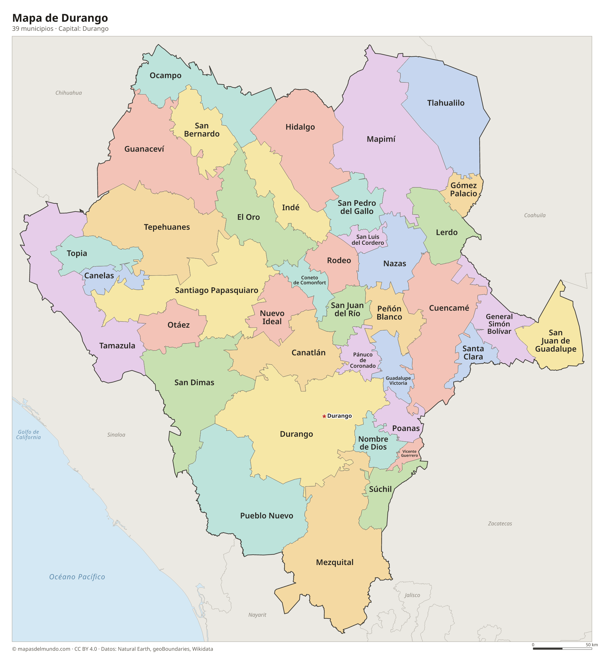 Mapa de Durango con sus 39 municipios