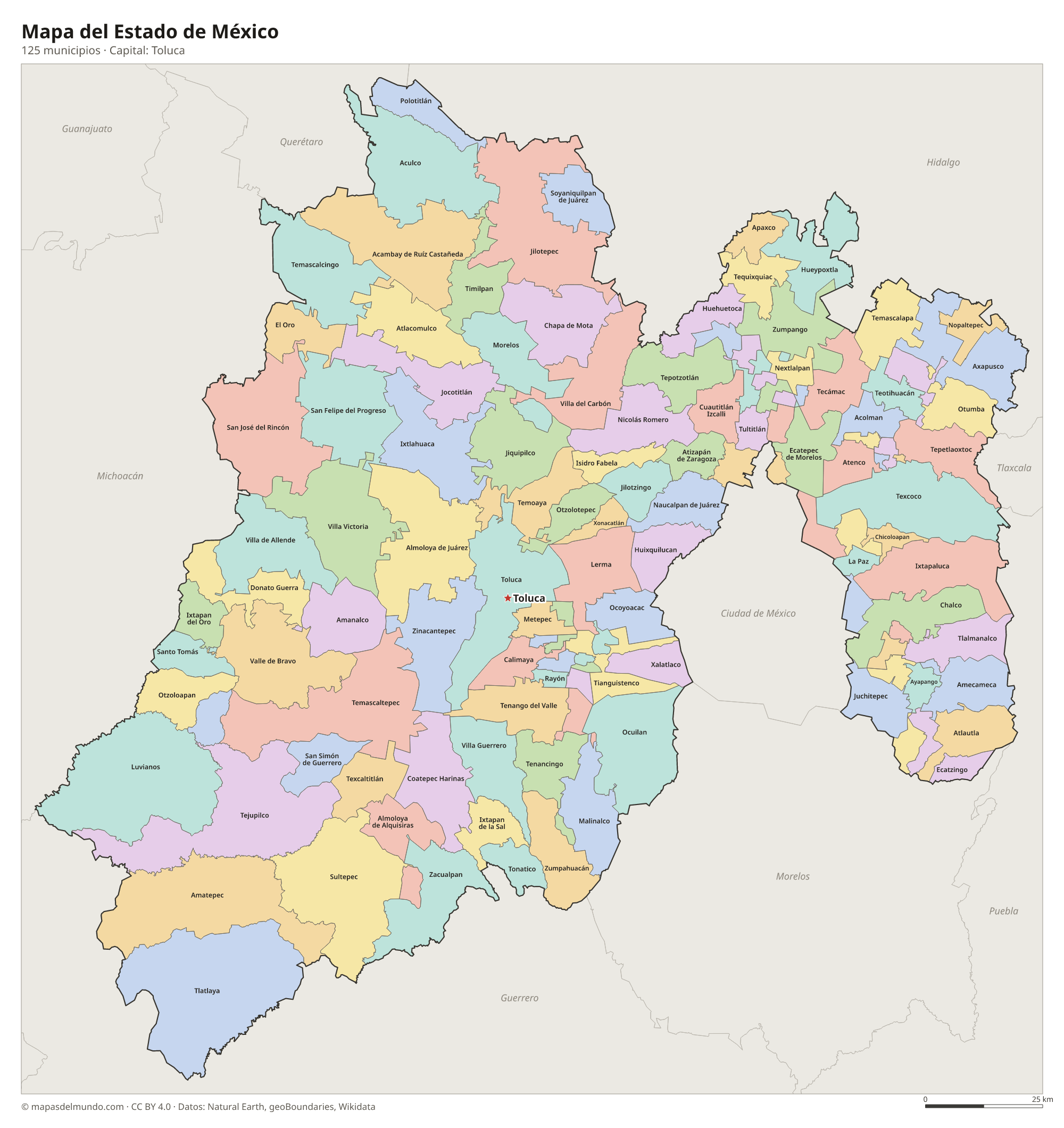 Mapa del Estado de México con sus 125 municipios