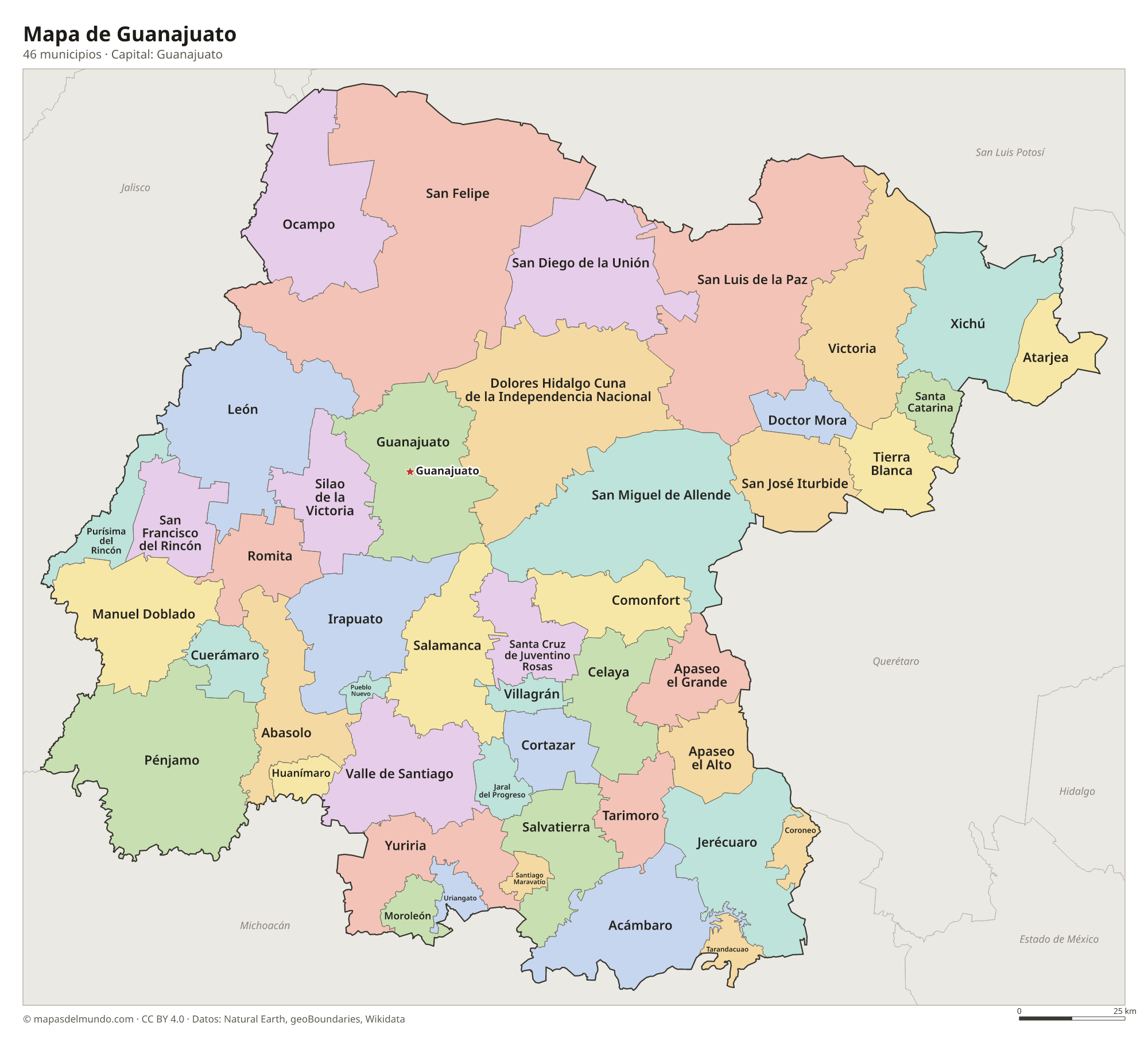 Mapa de Guanajuato con sus 46 municipios