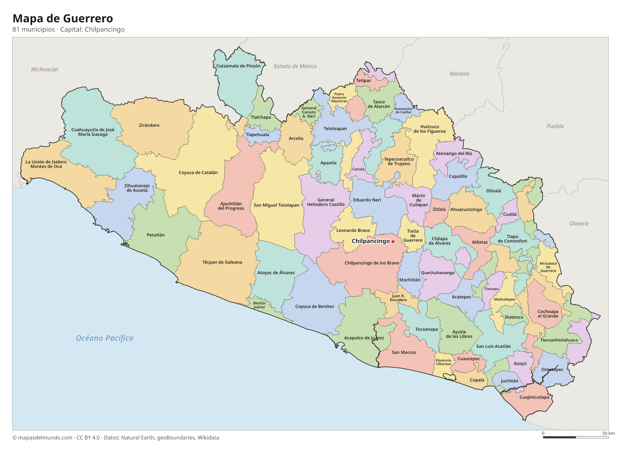 Mapa de Guerrero con sus 81 municipios