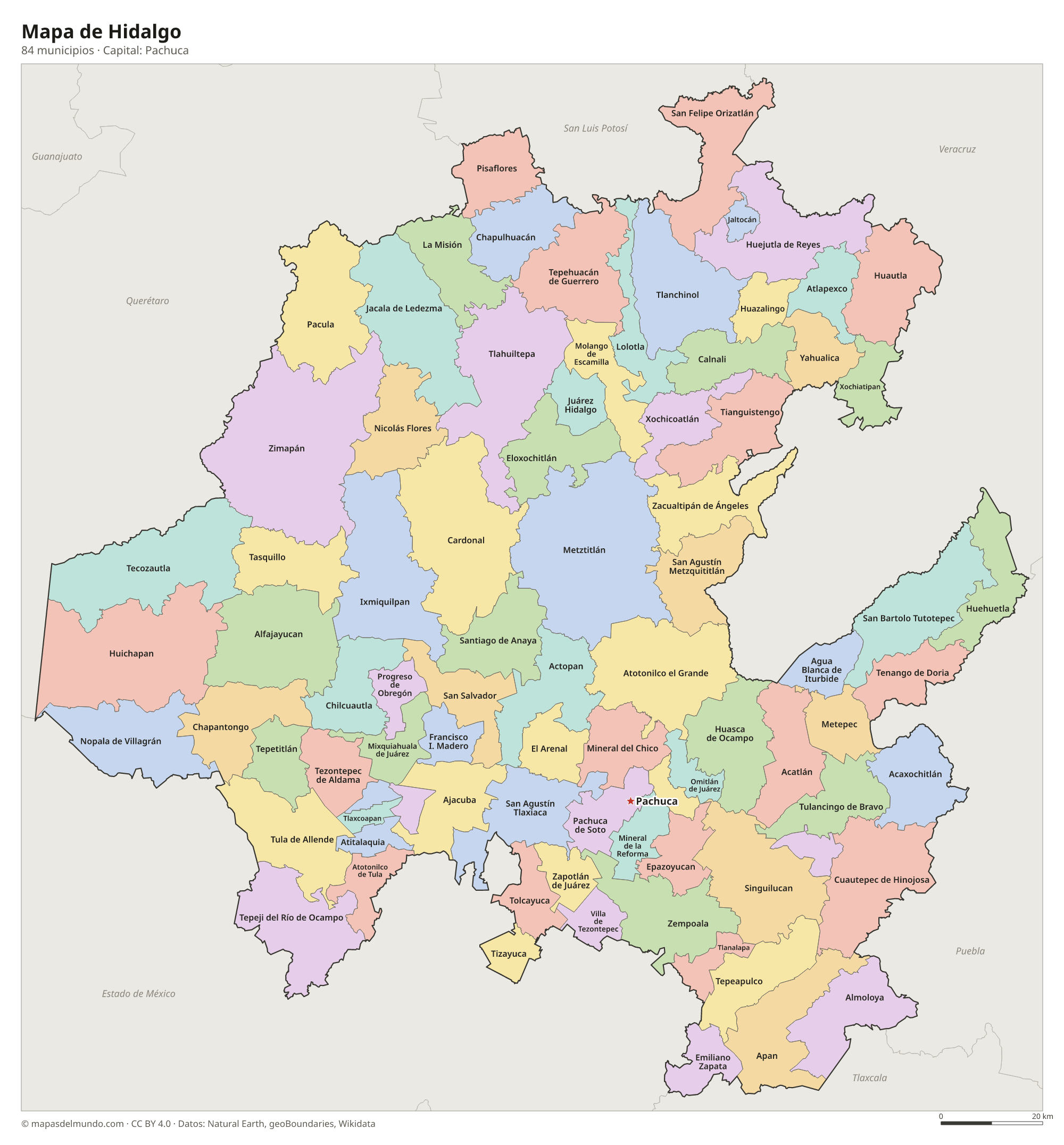 Mapa de Hidalgo con sus 84 municipios