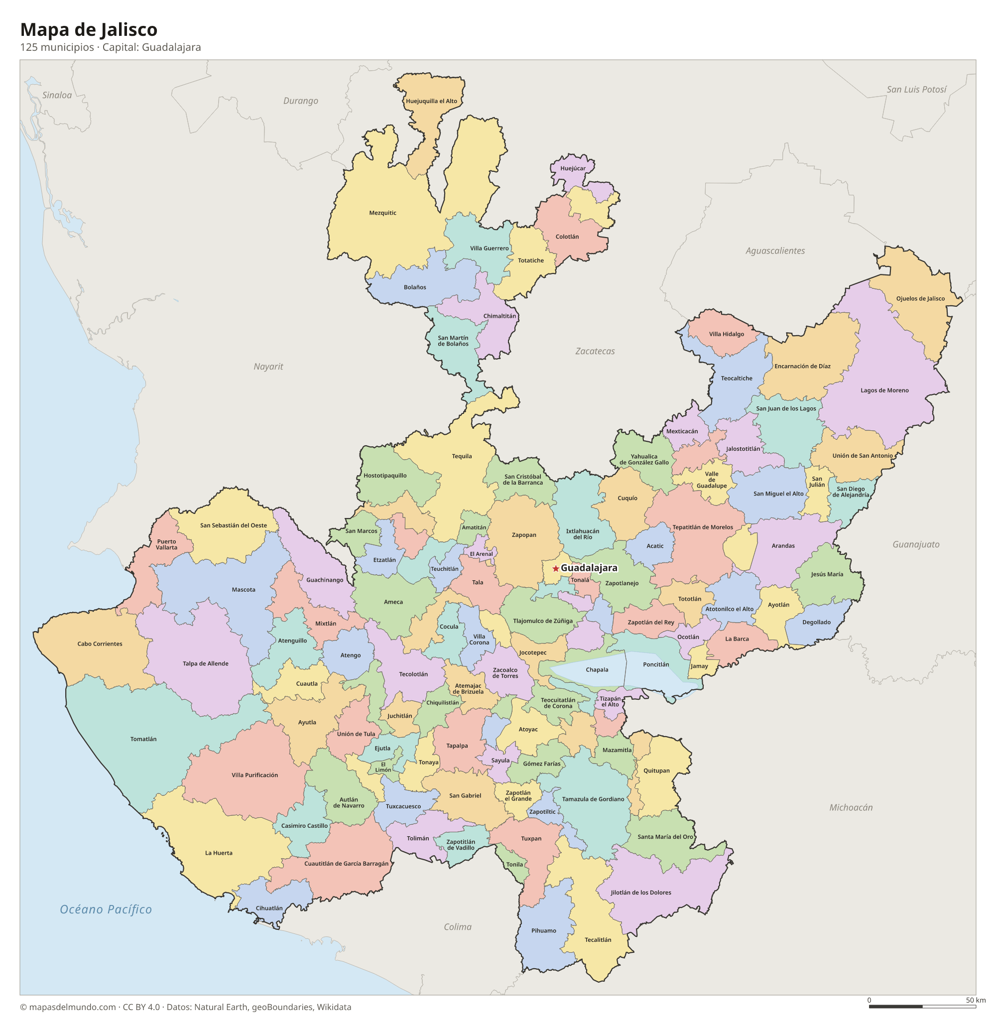 Mapa de Jalisco con sus 125 municipios