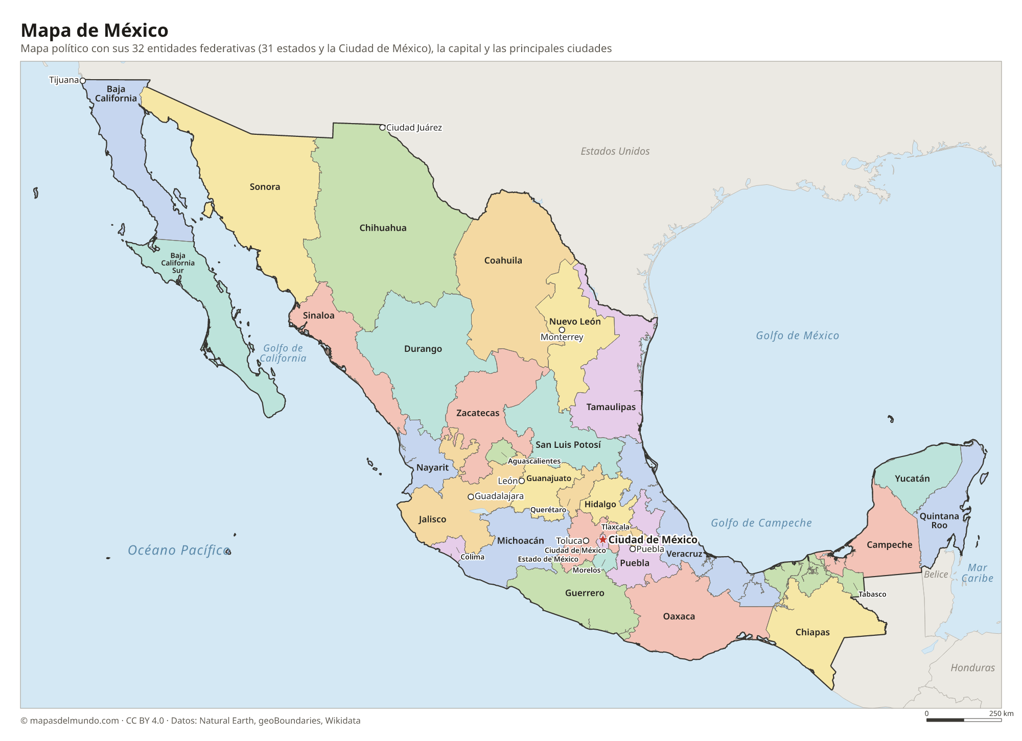 Mapa político de México con sus estados y la capital Ciudad de México