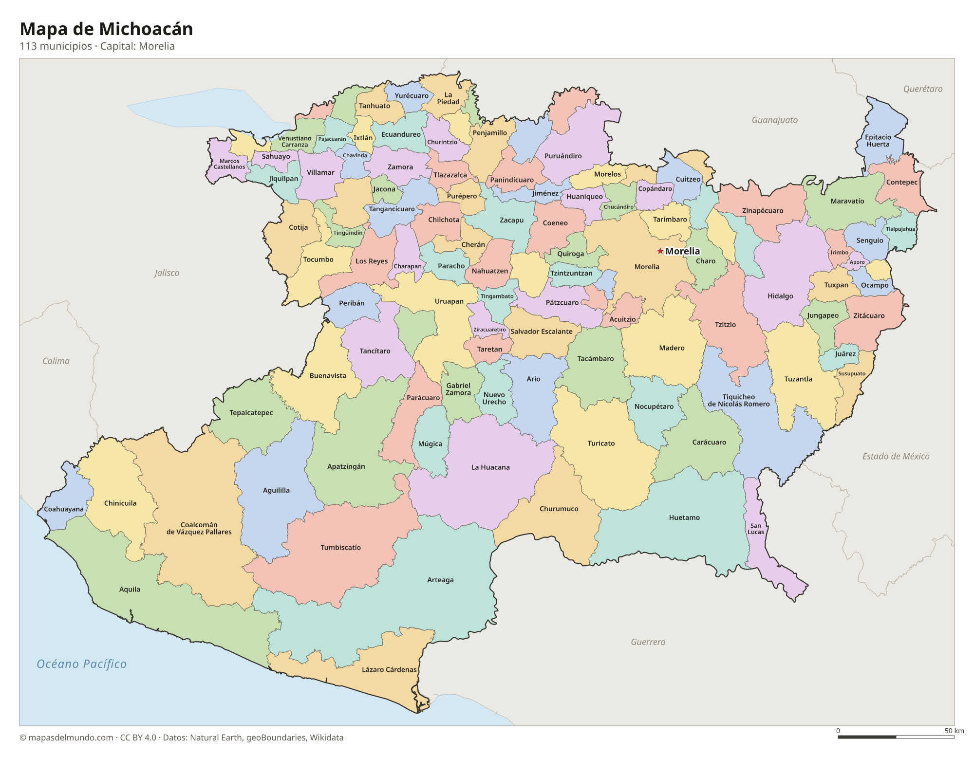 Mapa de Michoacán con sus 113 municipios