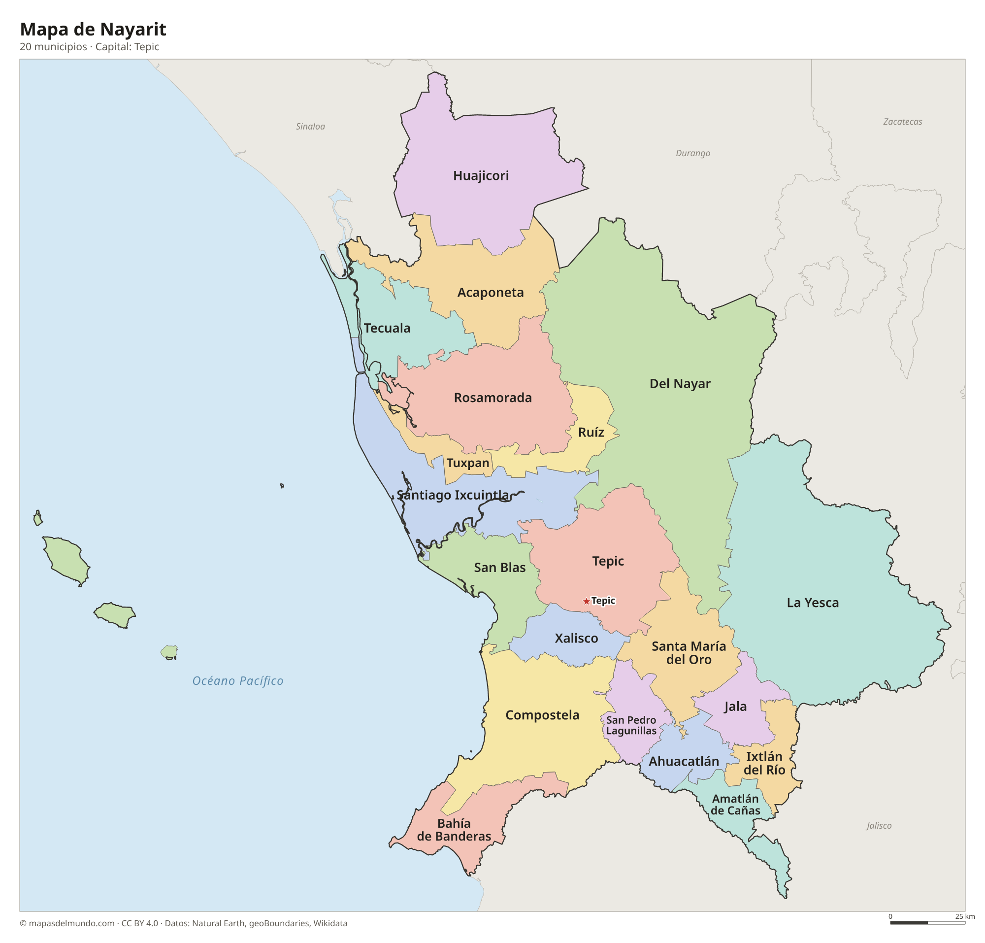 Mapa de Nayarit con sus 20 municipios