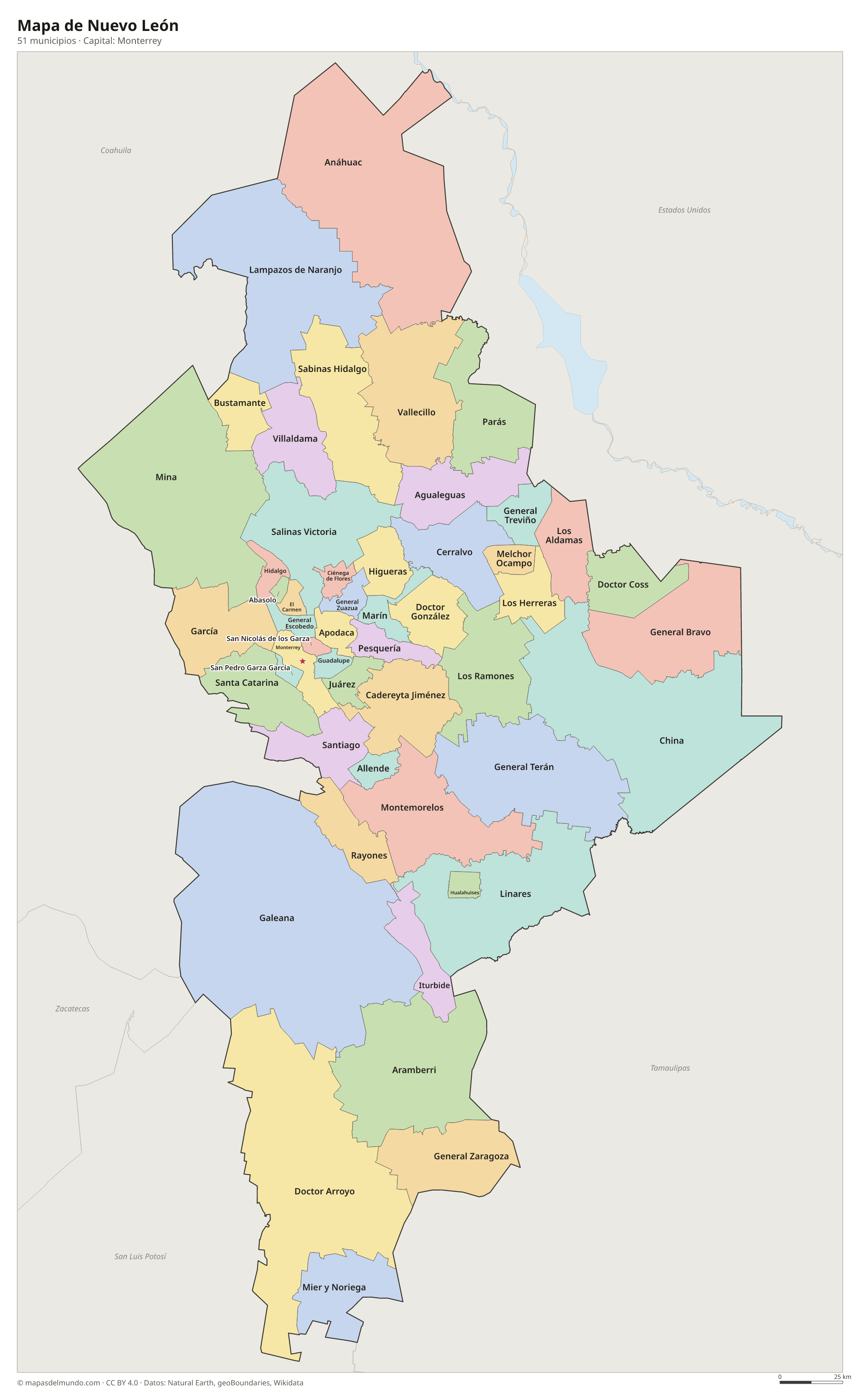 Mapa de Nuevo León con sus 51 municipios