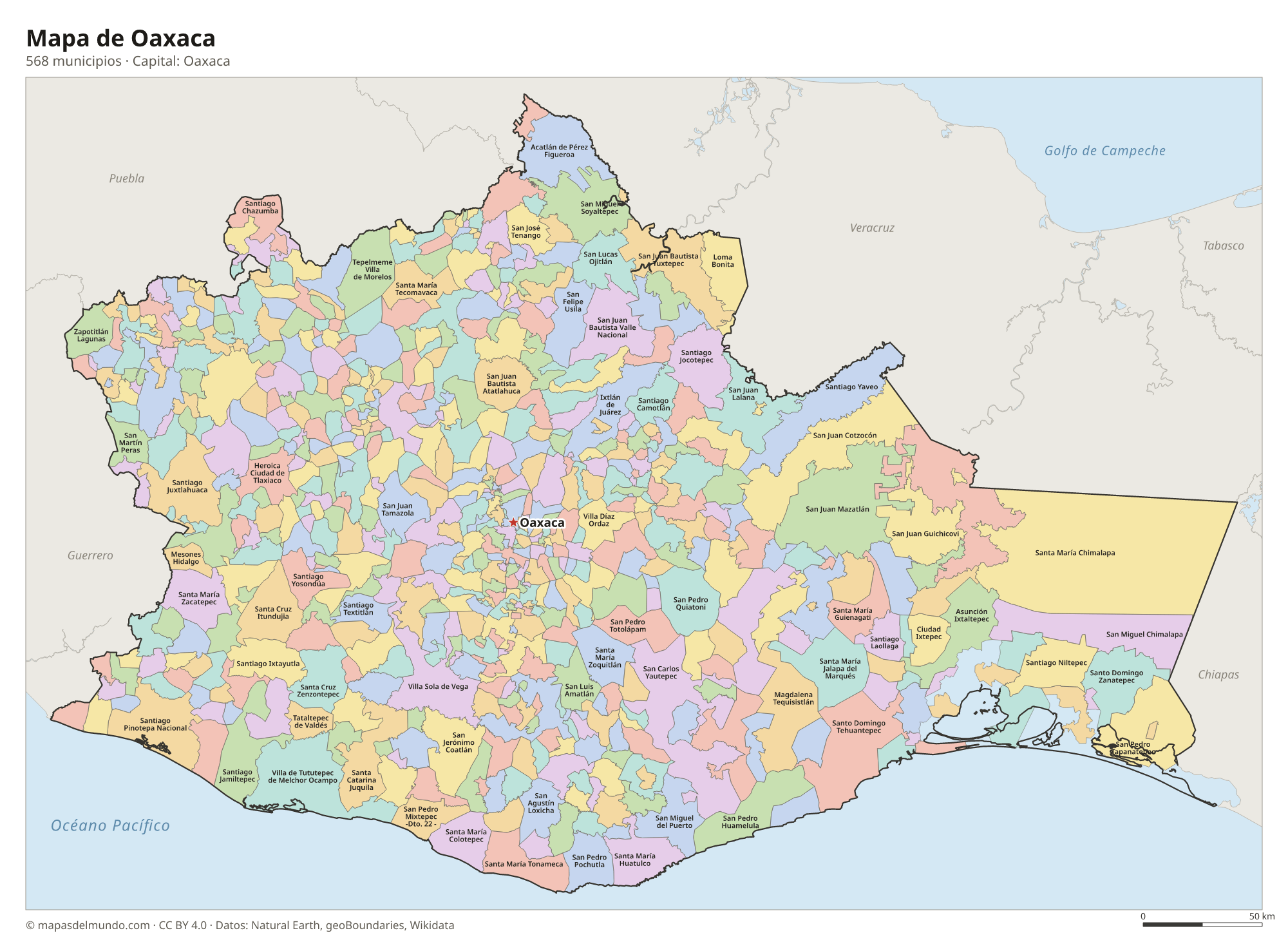 Mapa de Oaxaca con sus 568 municipios