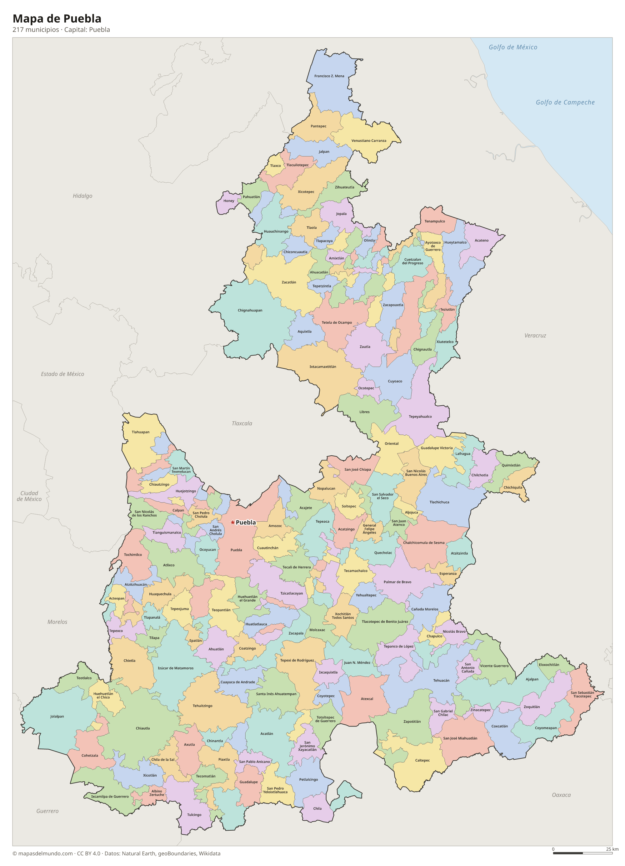Mapa de Puebla con sus 217 municipios