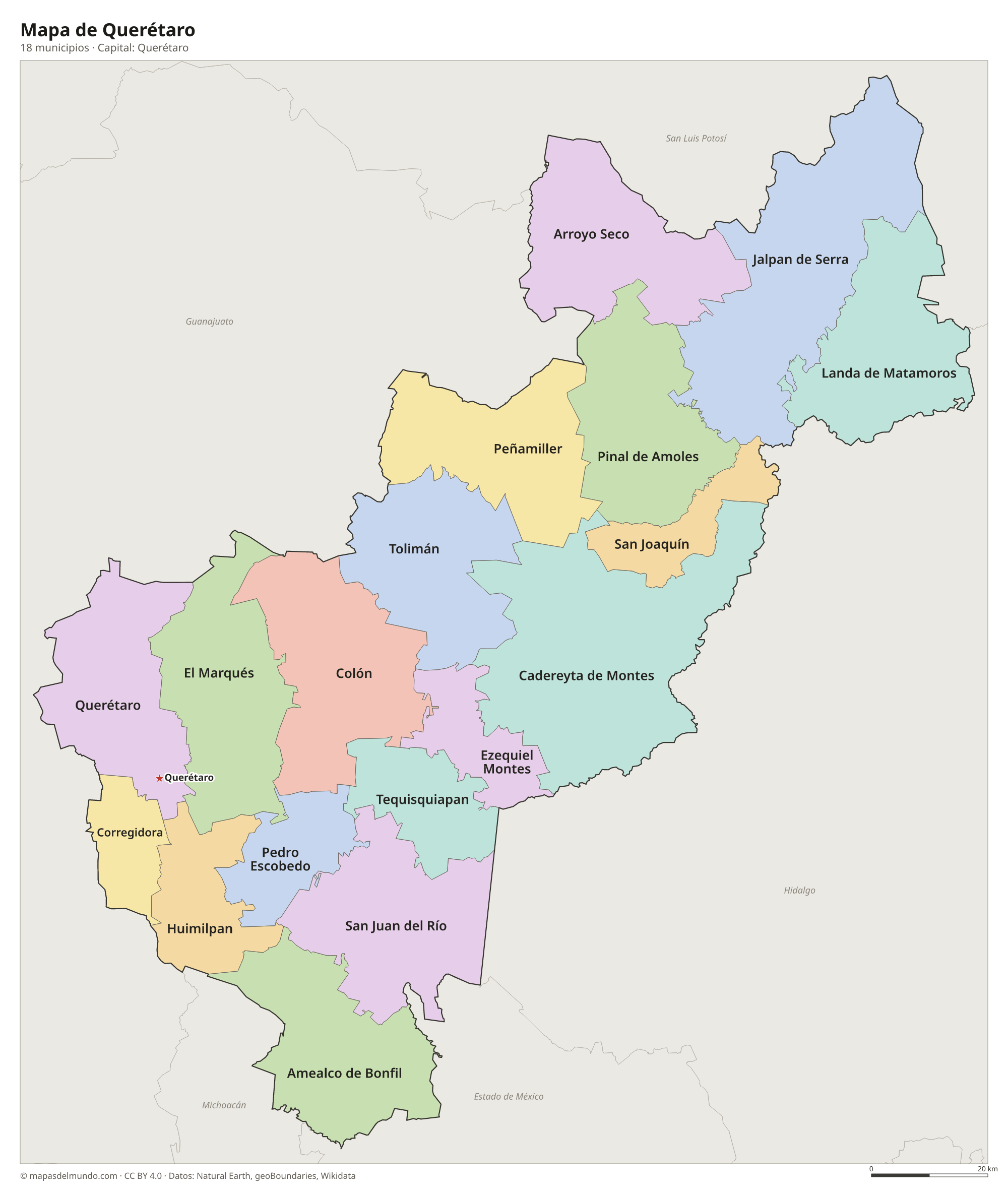 Mapa de Querétaro con sus 18 municipios