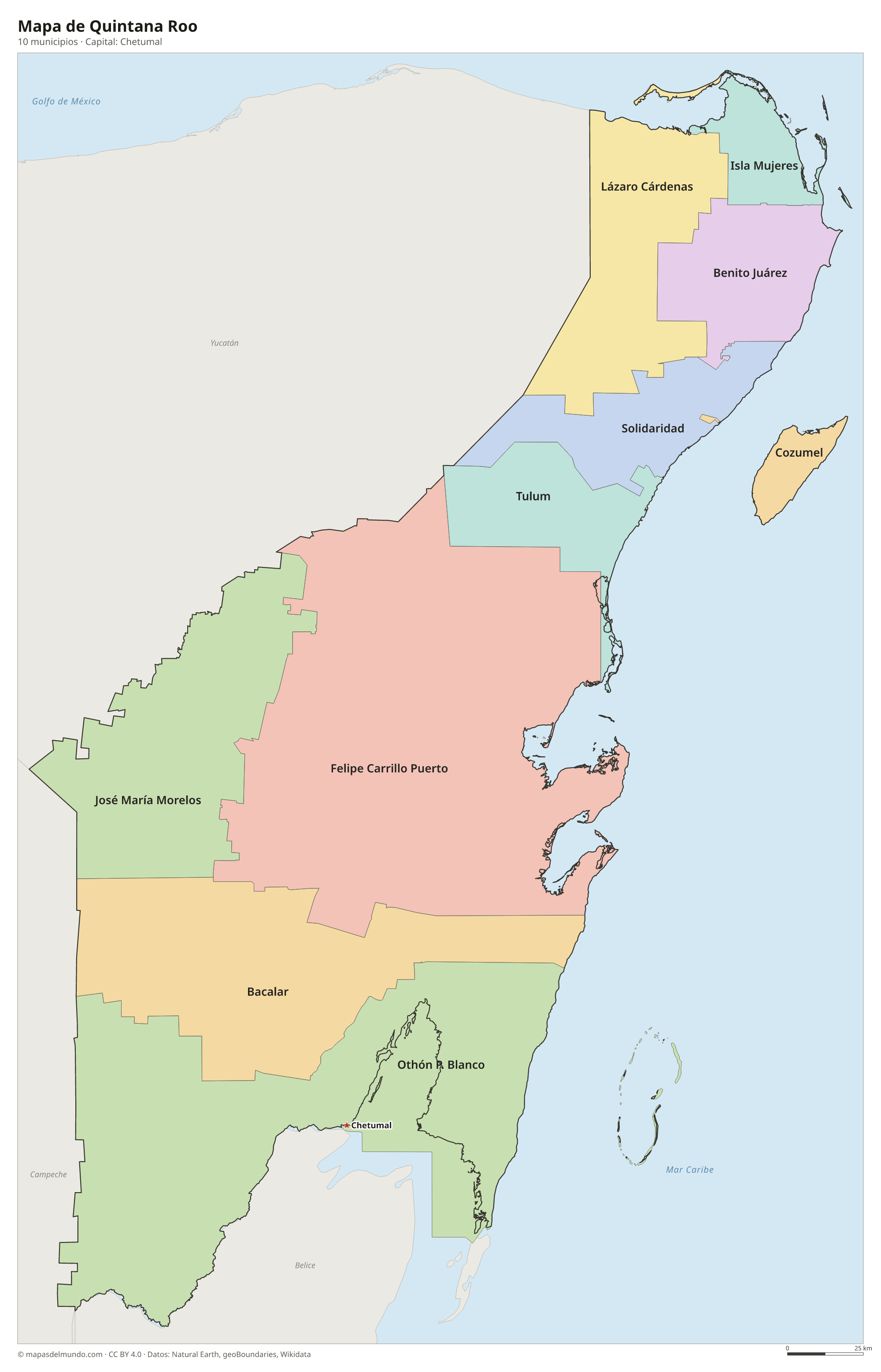 Mapa de Quintana Roo con sus 10 municipios
