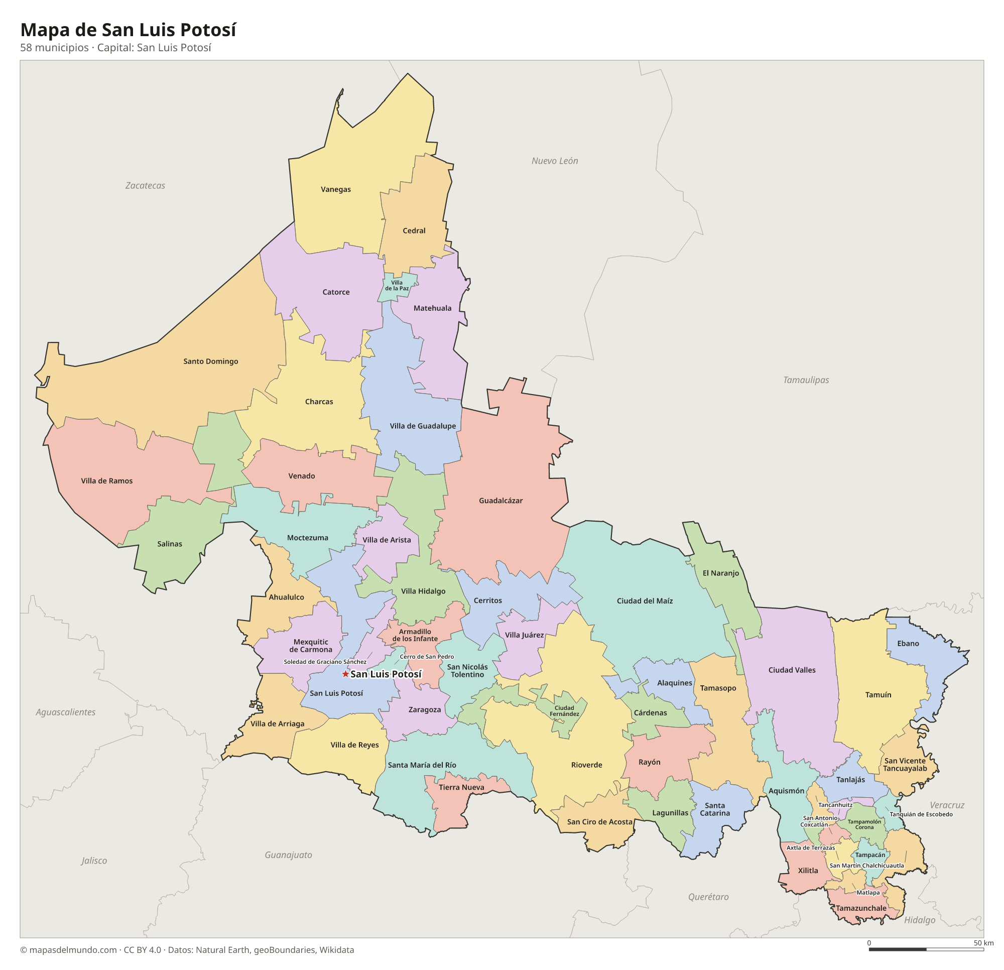 Mapa de San Luis Potosí con sus 58 municipios