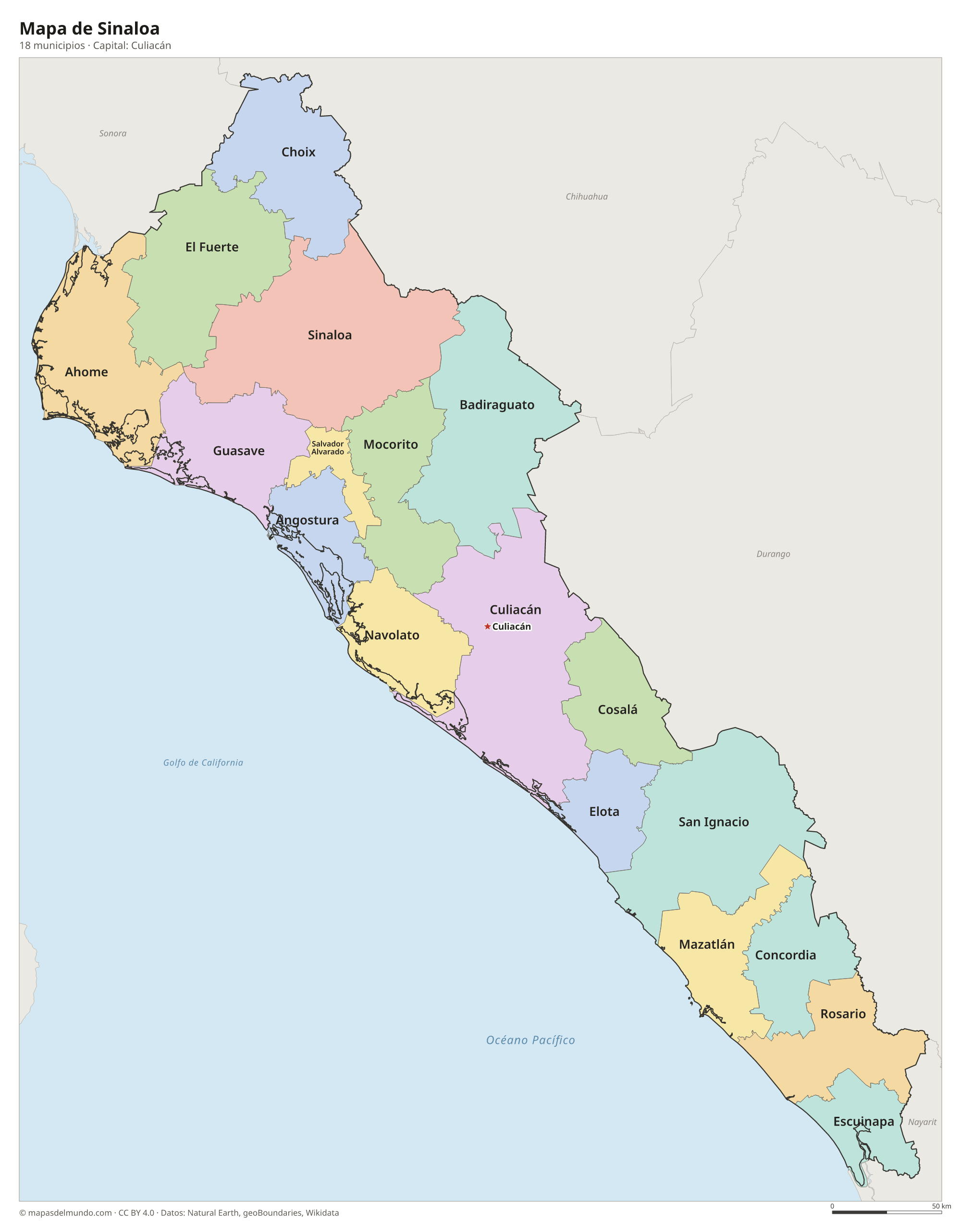 Mapa de Sinaloa con sus 18 municipios