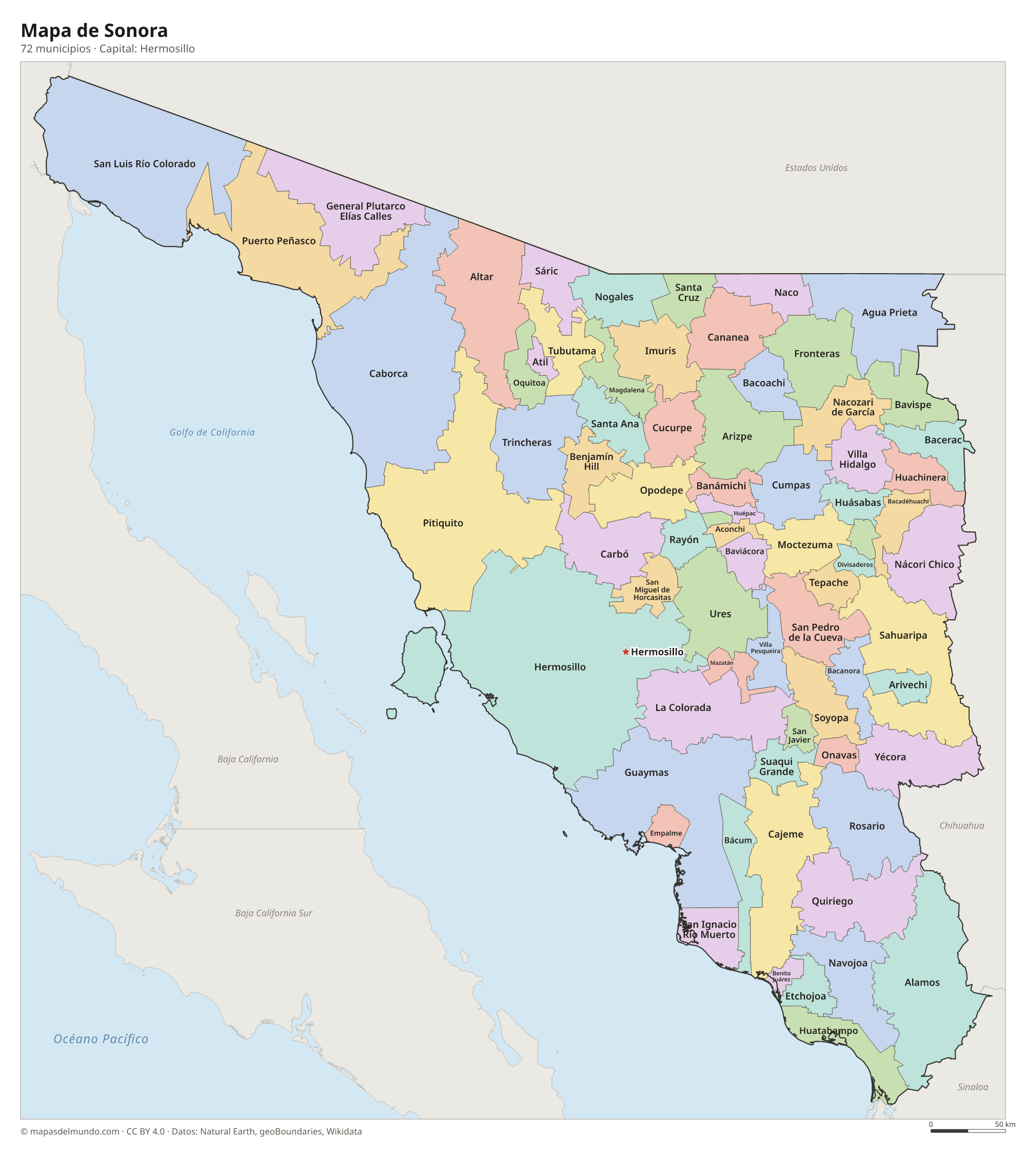 Mapa de Sonora con sus 72 municipios