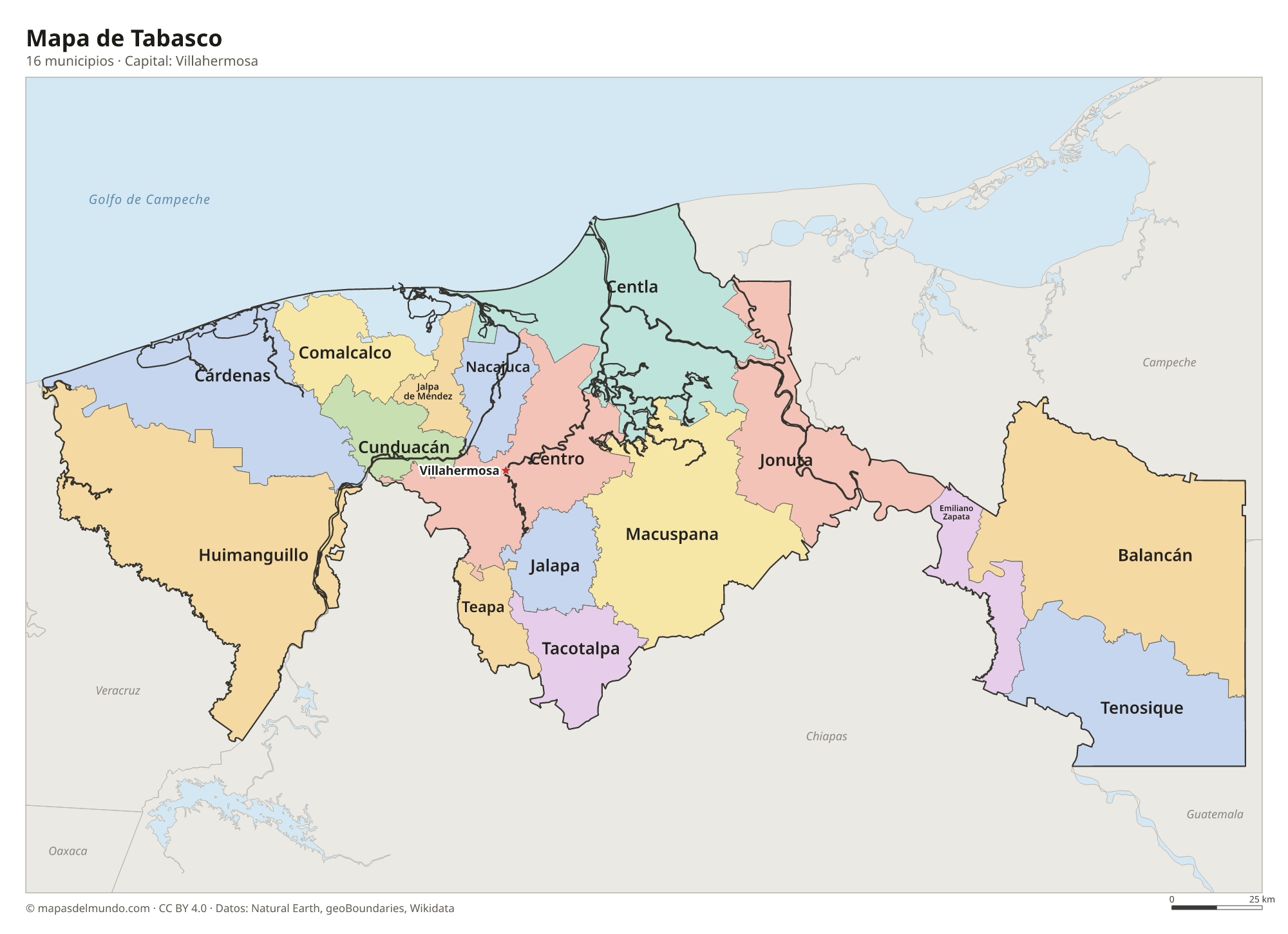 Mapa de Tabasco con sus 16 municipios