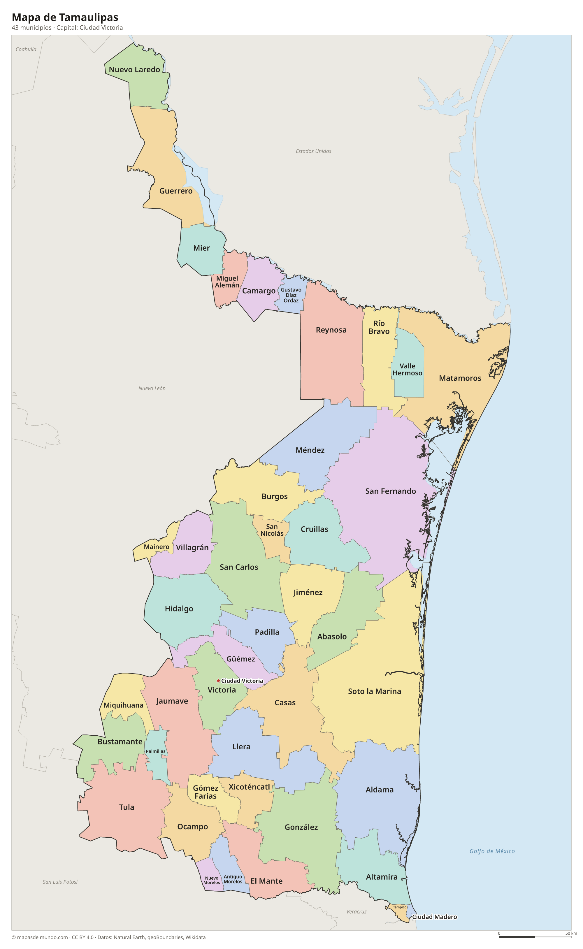 Mapa de Tamaulipas con sus 43 municipios