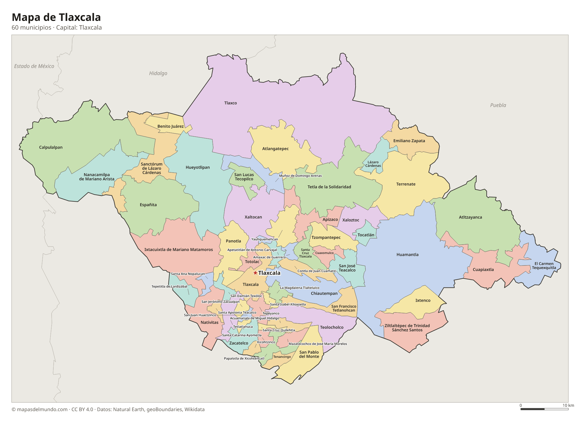 Mapa de Tlaxcala con sus 60 municipios