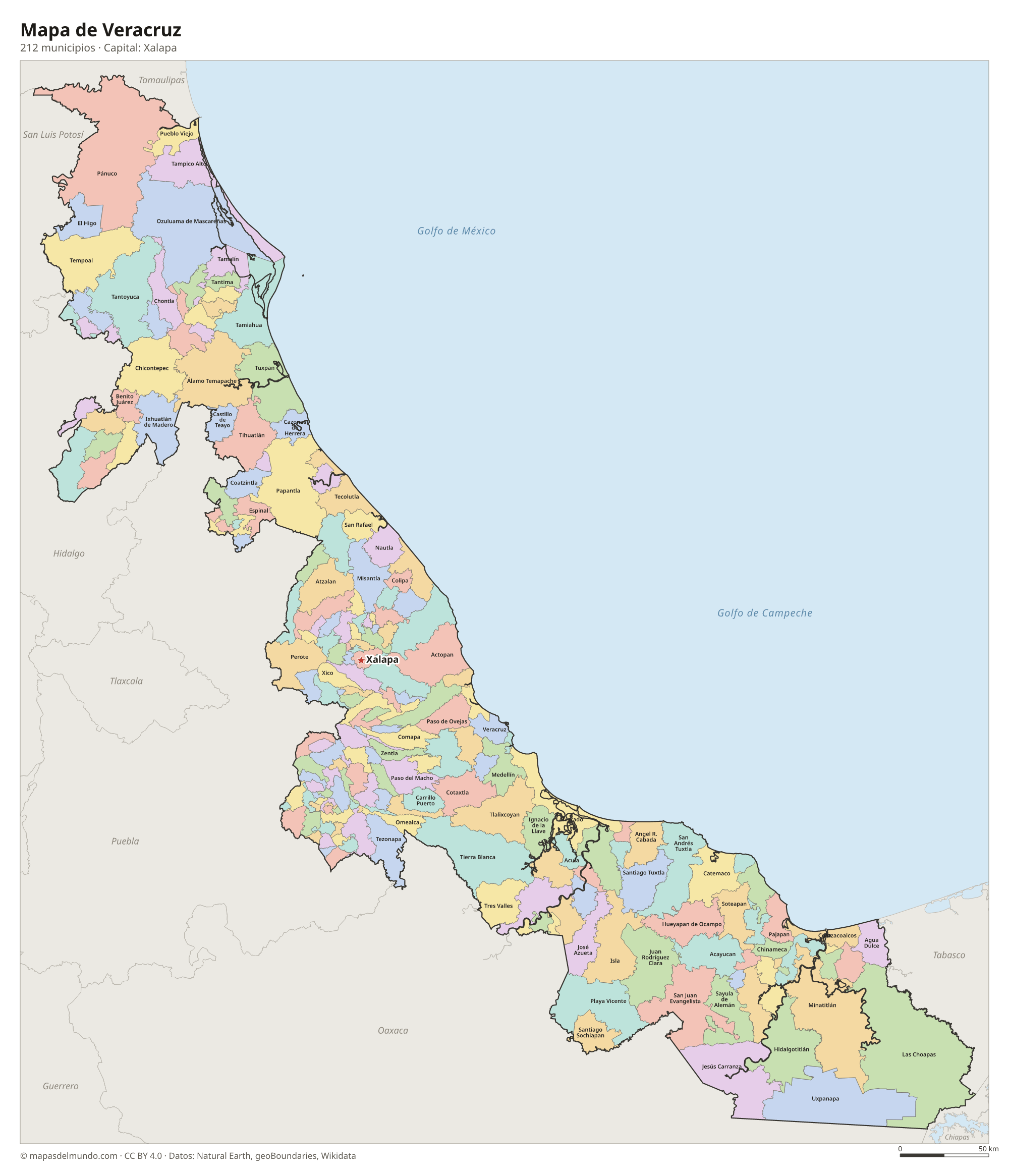 Mapa de Veracruz con sus 212 municipios