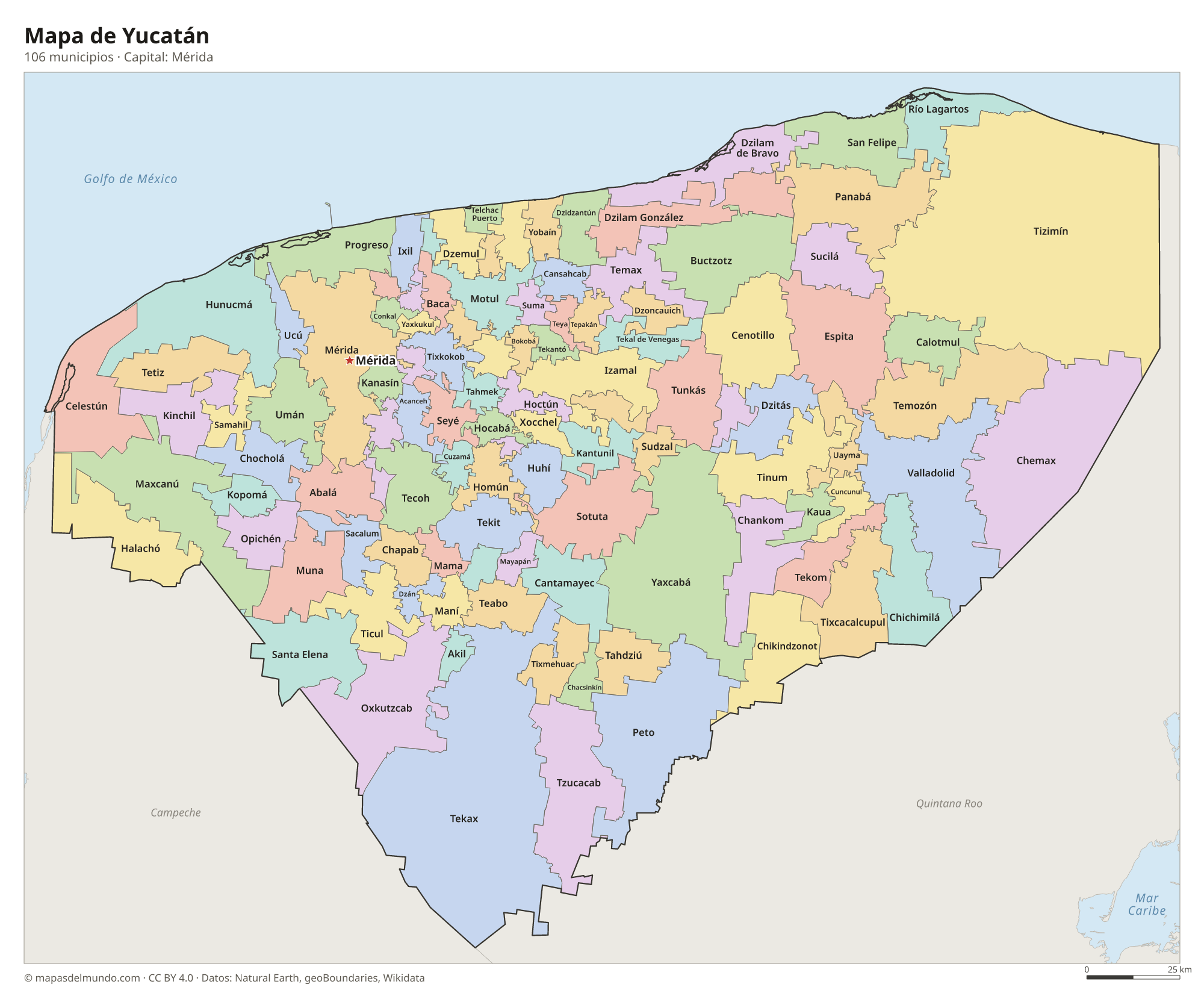 Mapa de Yucatán con sus 106 municipios