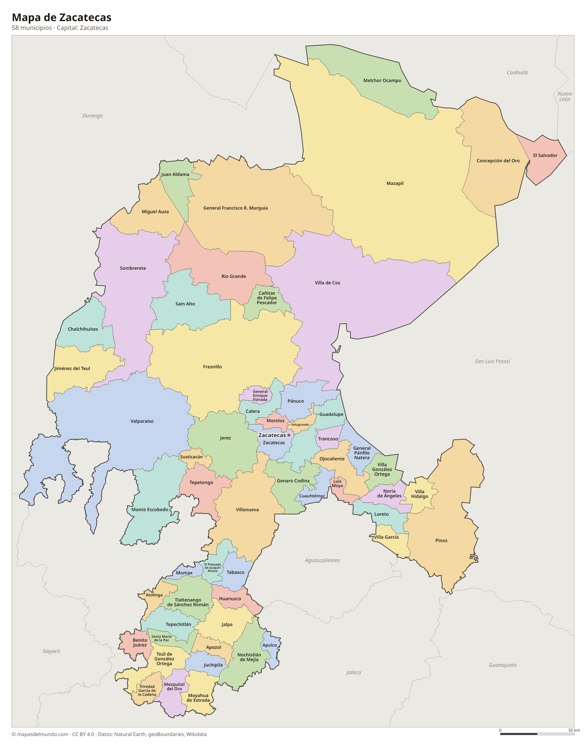 Mapa de Zacatecas con sus 58 municipios
