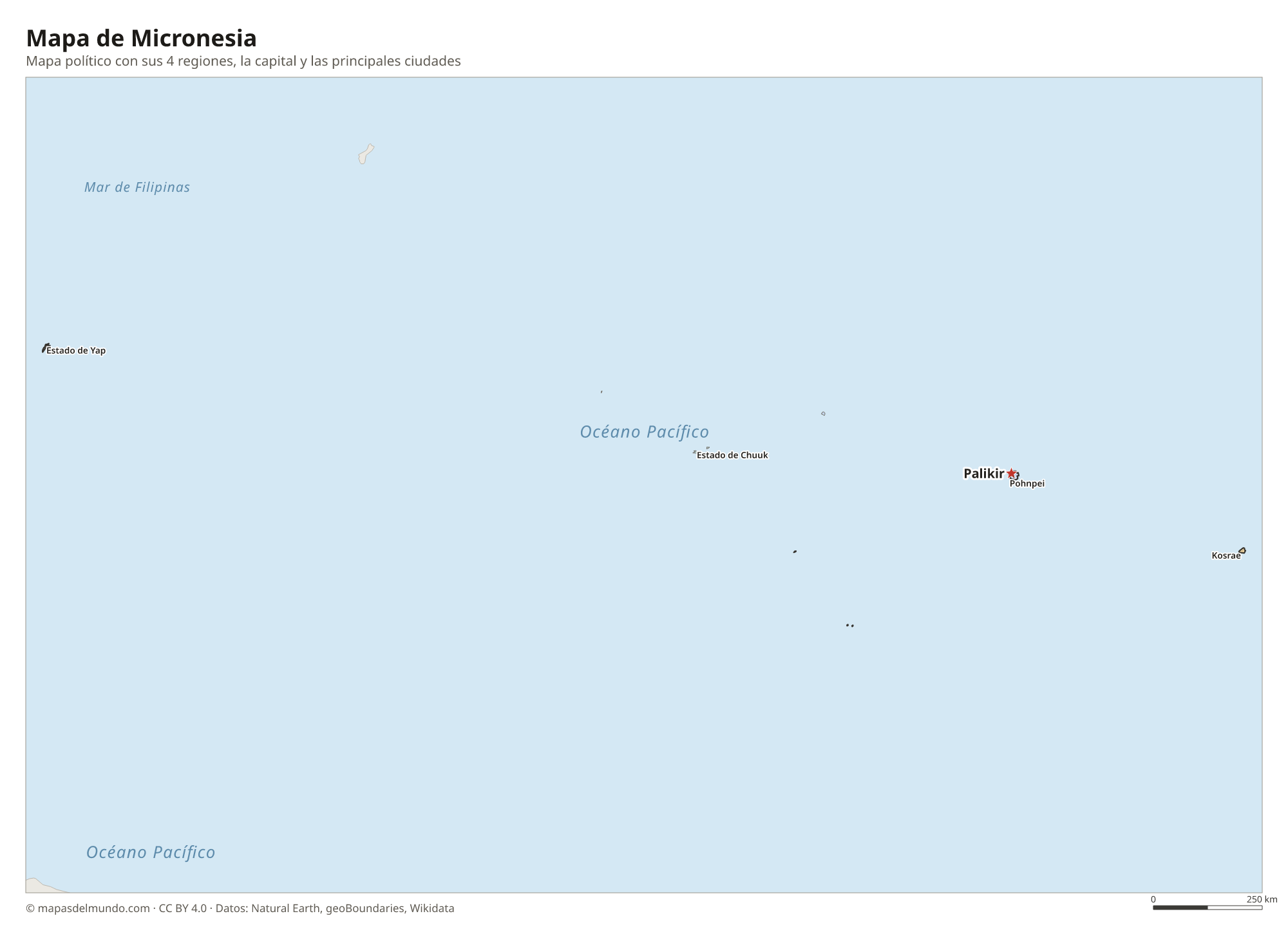 Mapa político de Micronesia con sus regiones y la capital Palikir
