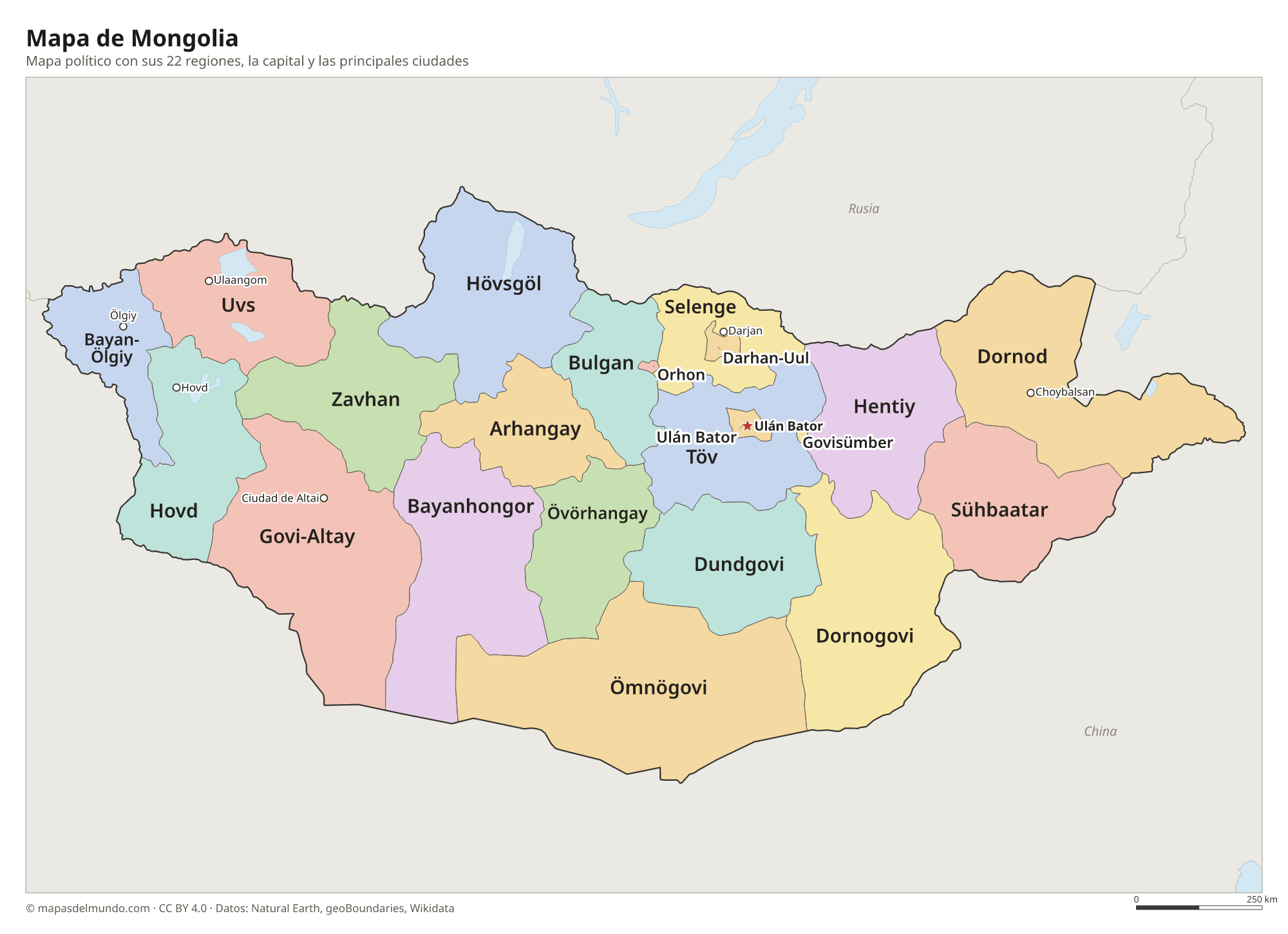 Mapa político de Mongolia con sus regiones y la capital Ulán Bator