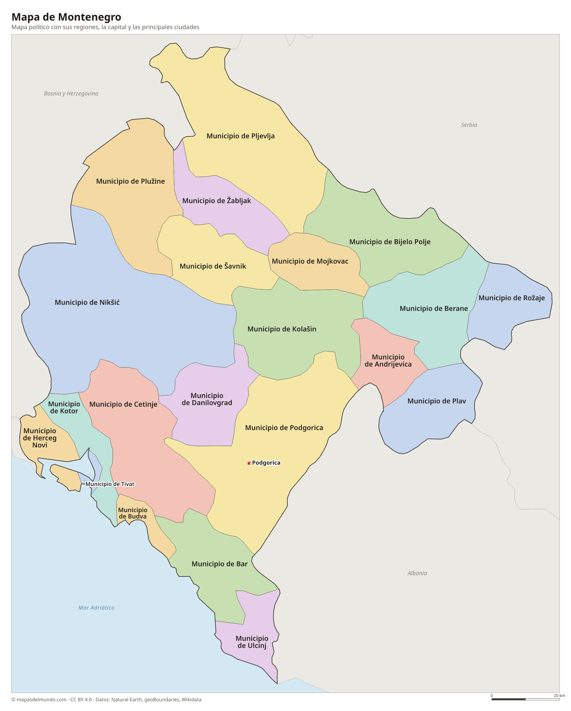 Mapa político de Montenegro con sus regiones y la capital Podgorica