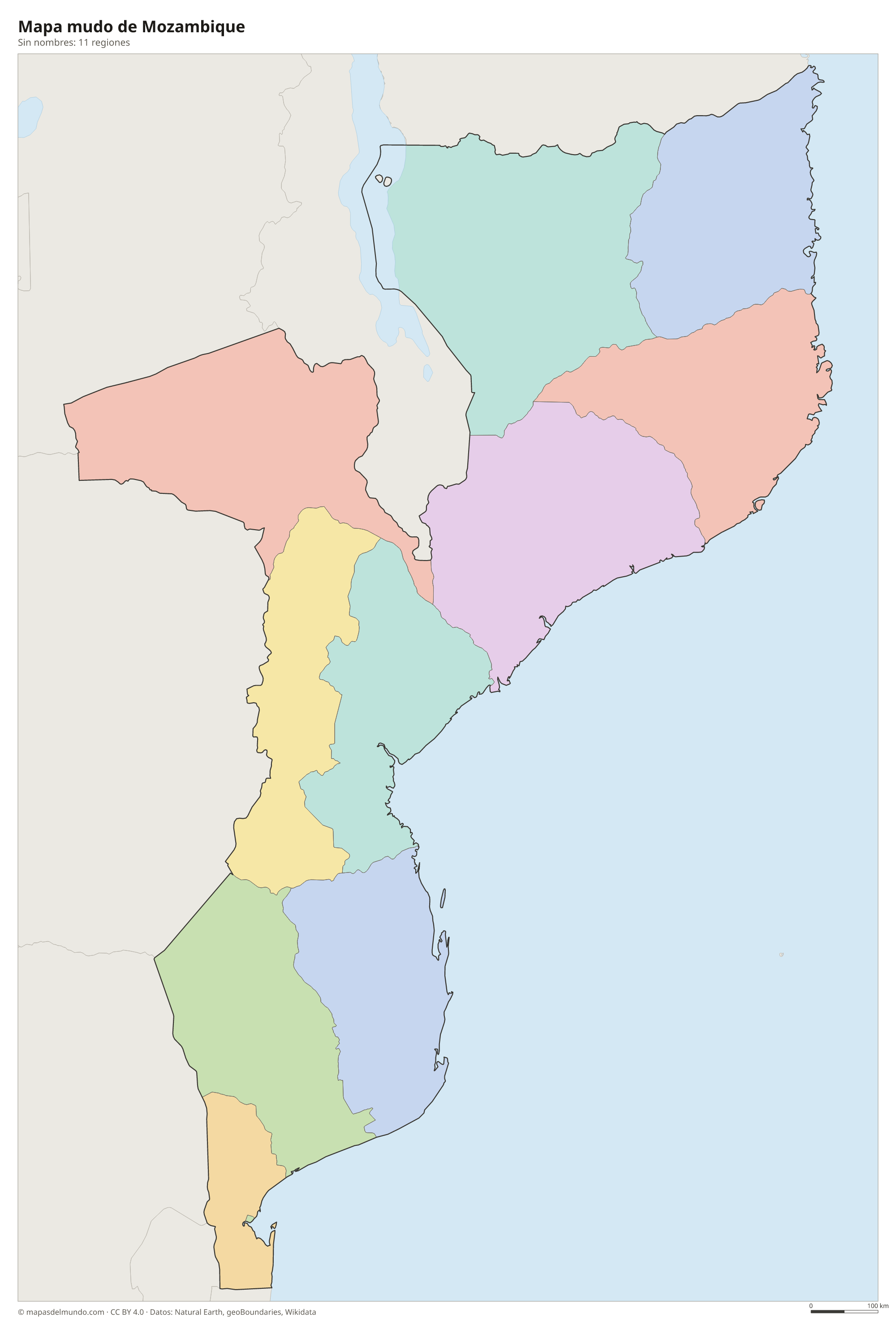 Mapa mudo de Mozambique sin nombres