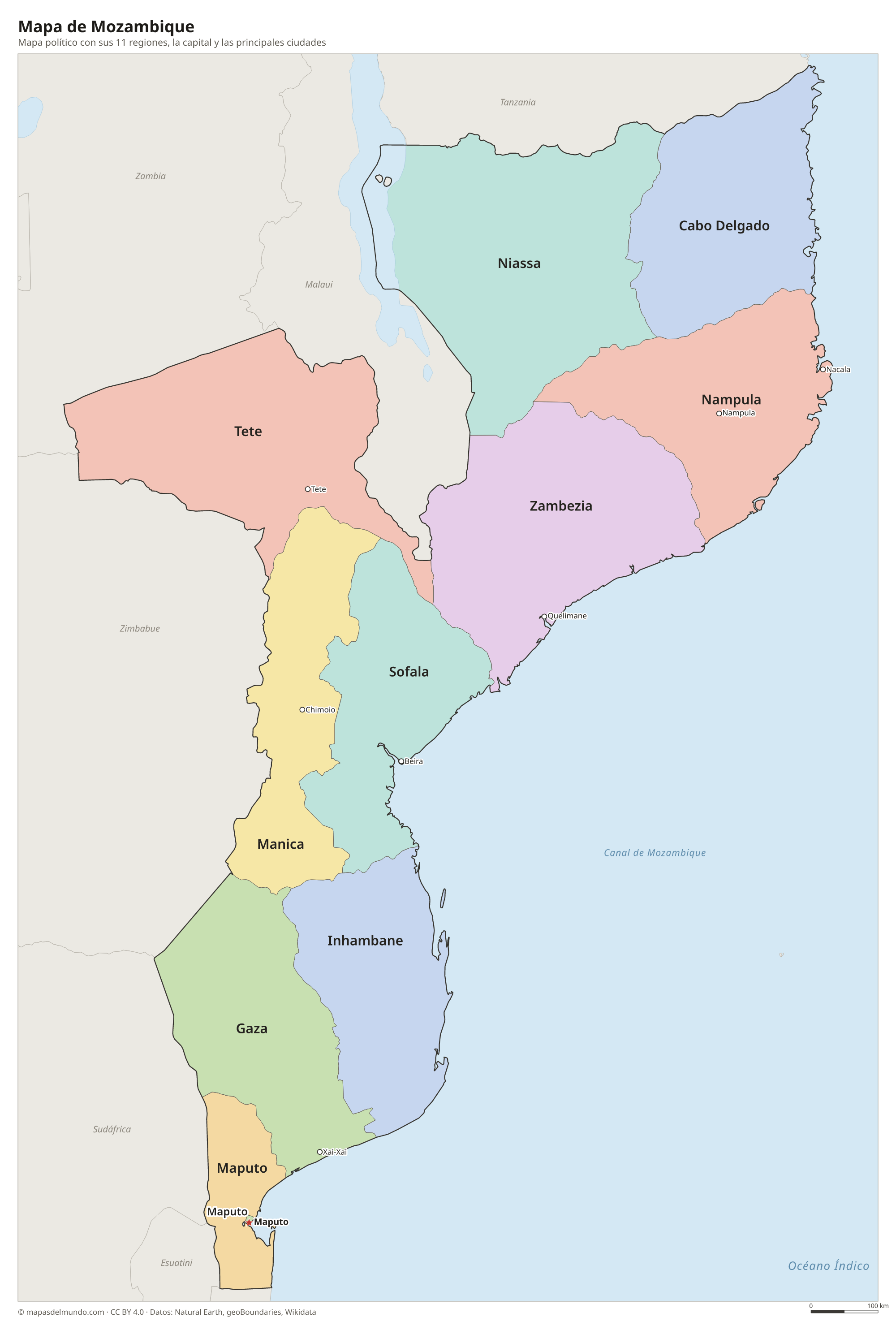 Mapa político de Mozambique con sus regiones y la capital Maputo