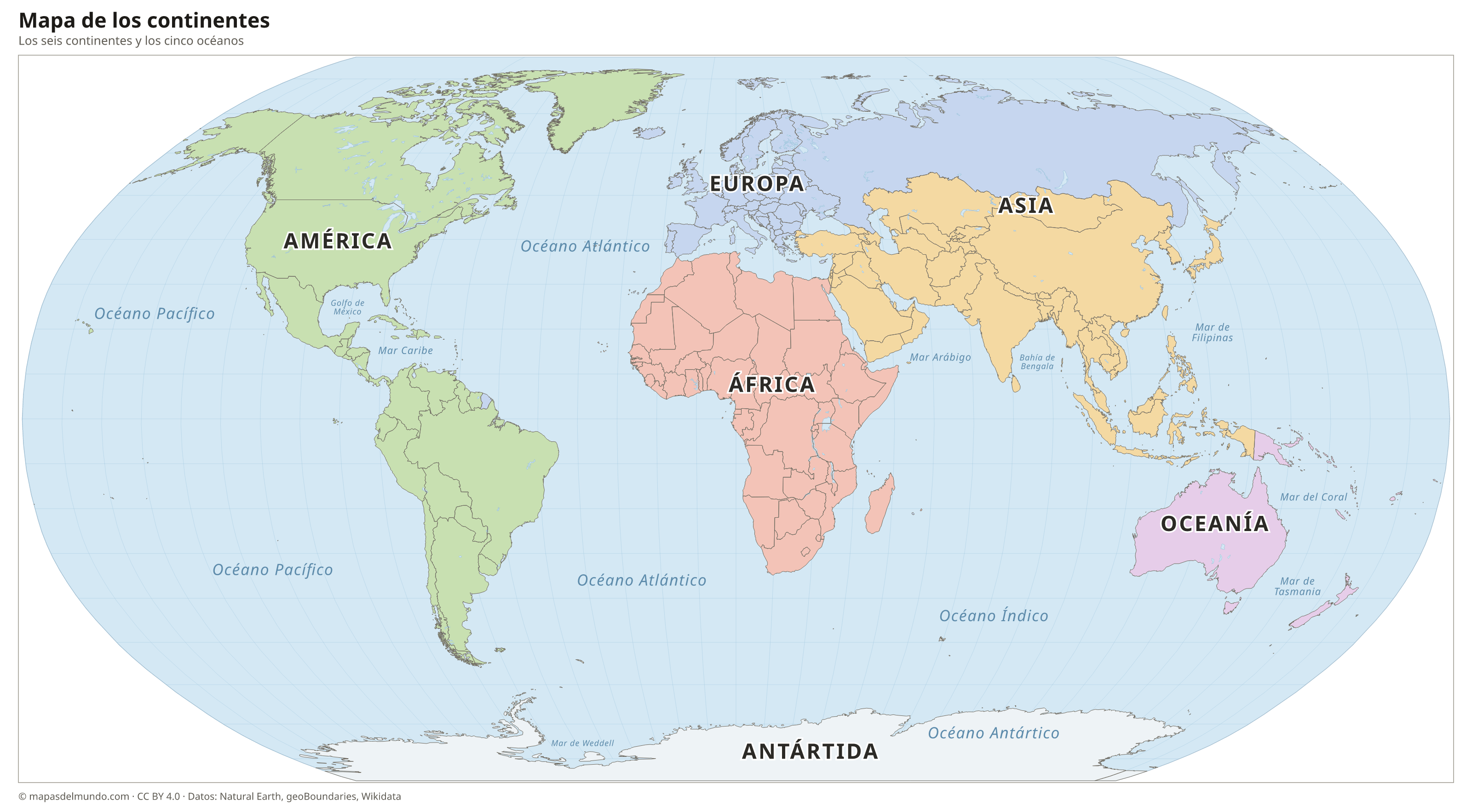 Mapa de los continentes y océanos del mundo