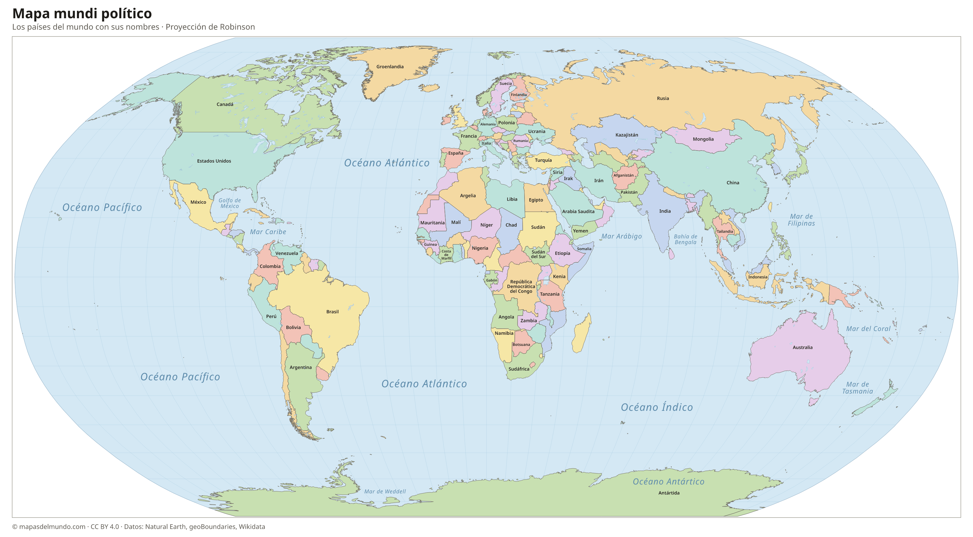 Mapa mundi político con los nombres de los países en español