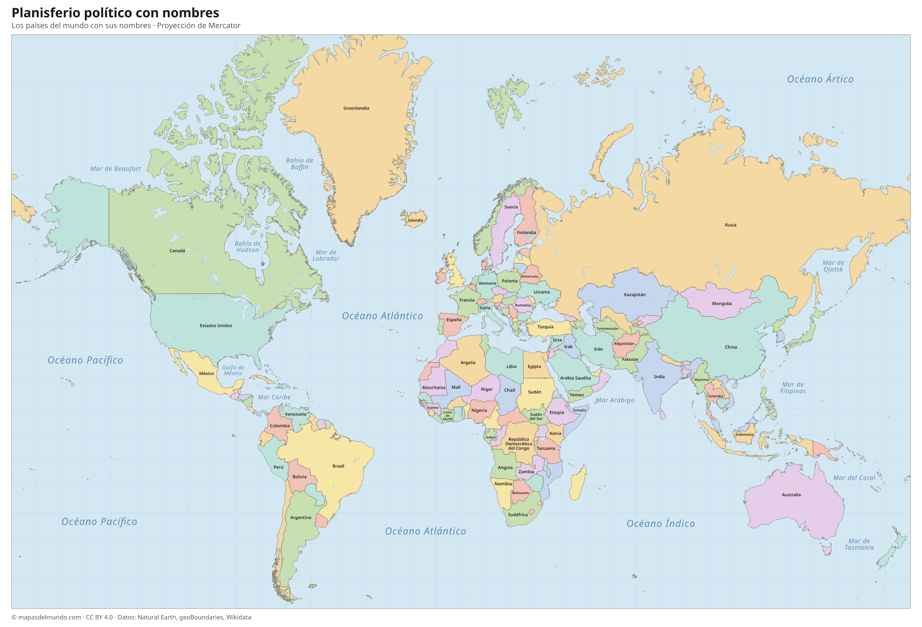 Planisferio político con los nombres de los países en español