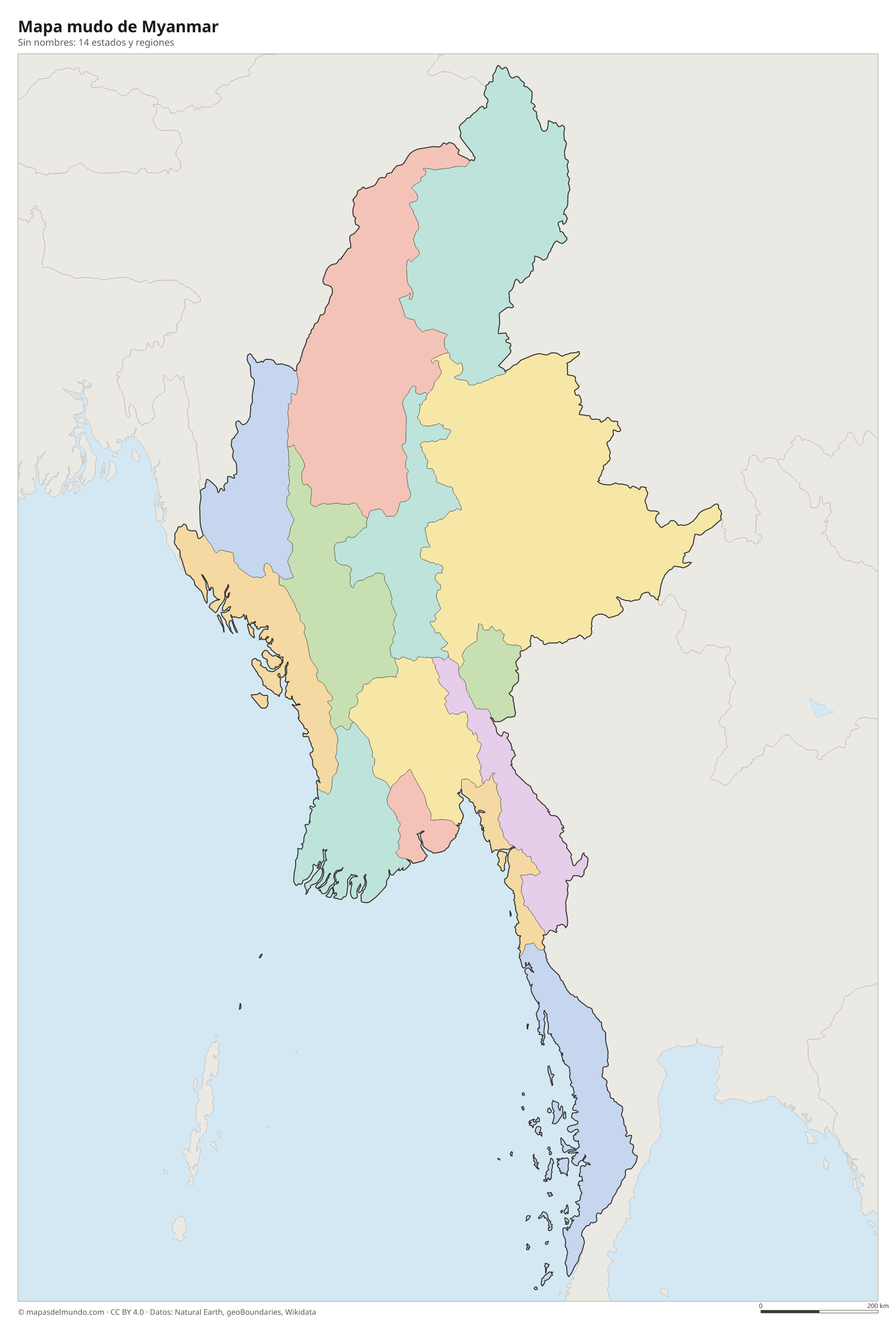 Mapa mudo de Myanmar sin nombres