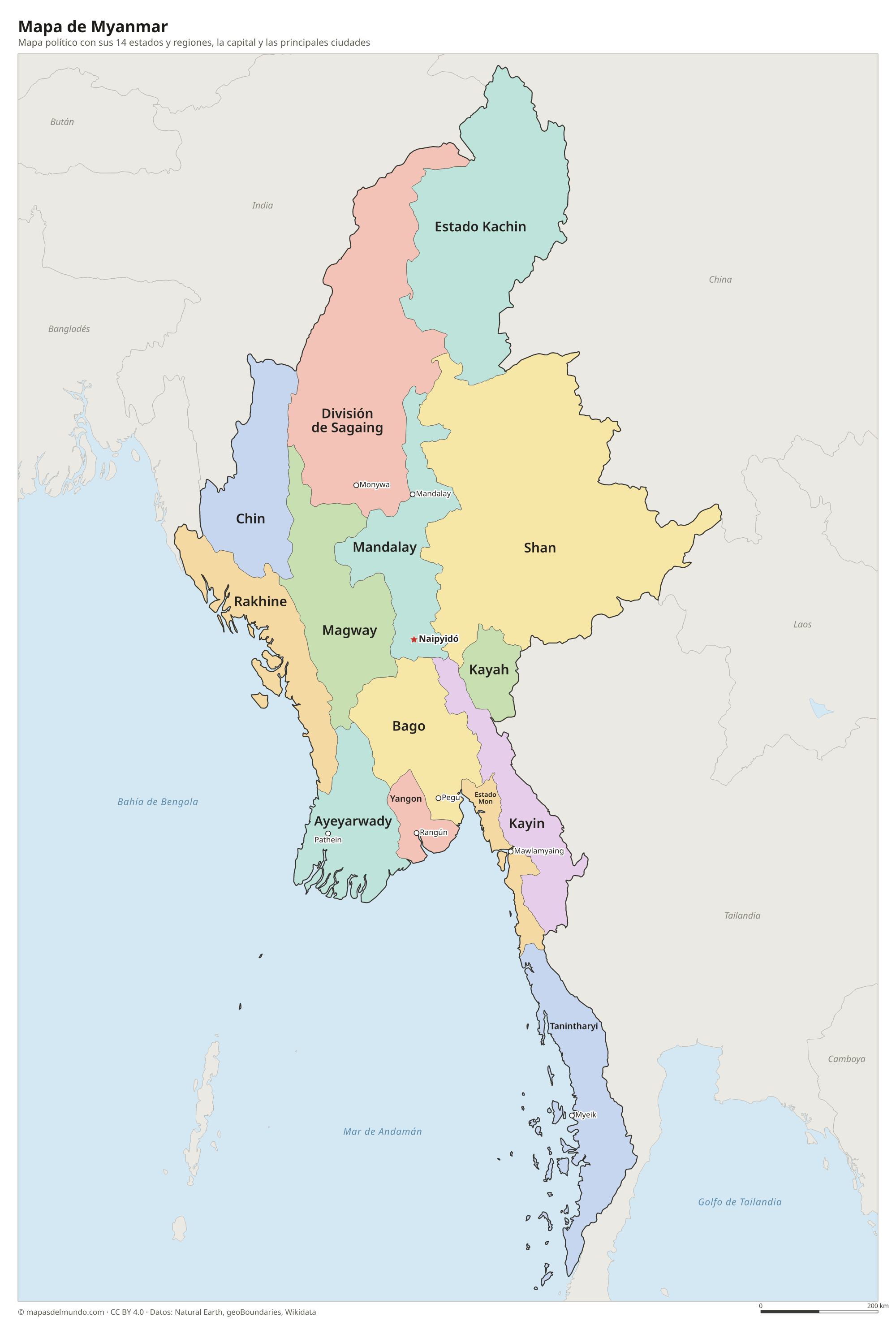 Mapa político de Myanmar con sus estados y regiones y la capital Naipyidó