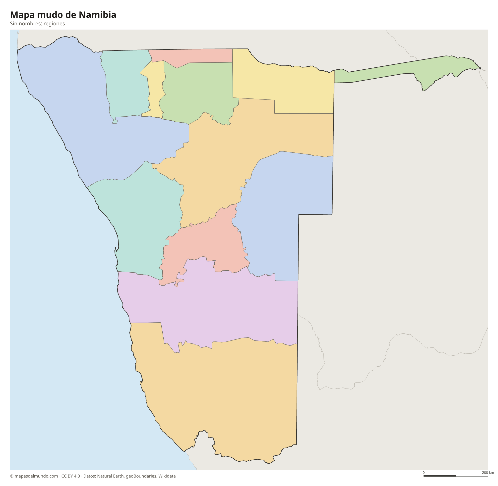 Mapa mudo de Namibia sin nombres