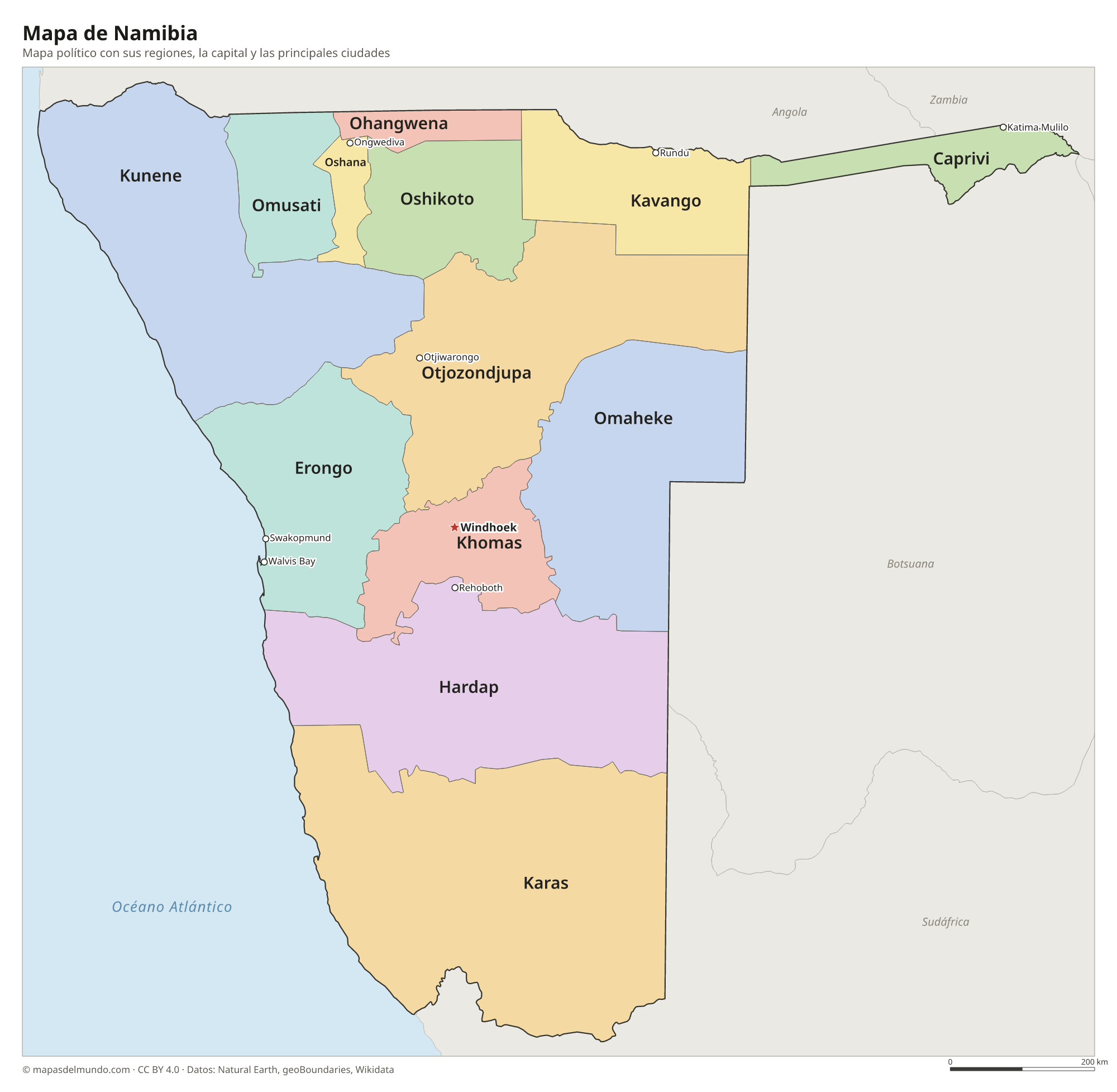 Mapa político de Namibia con sus regiones y la capital Windhoek