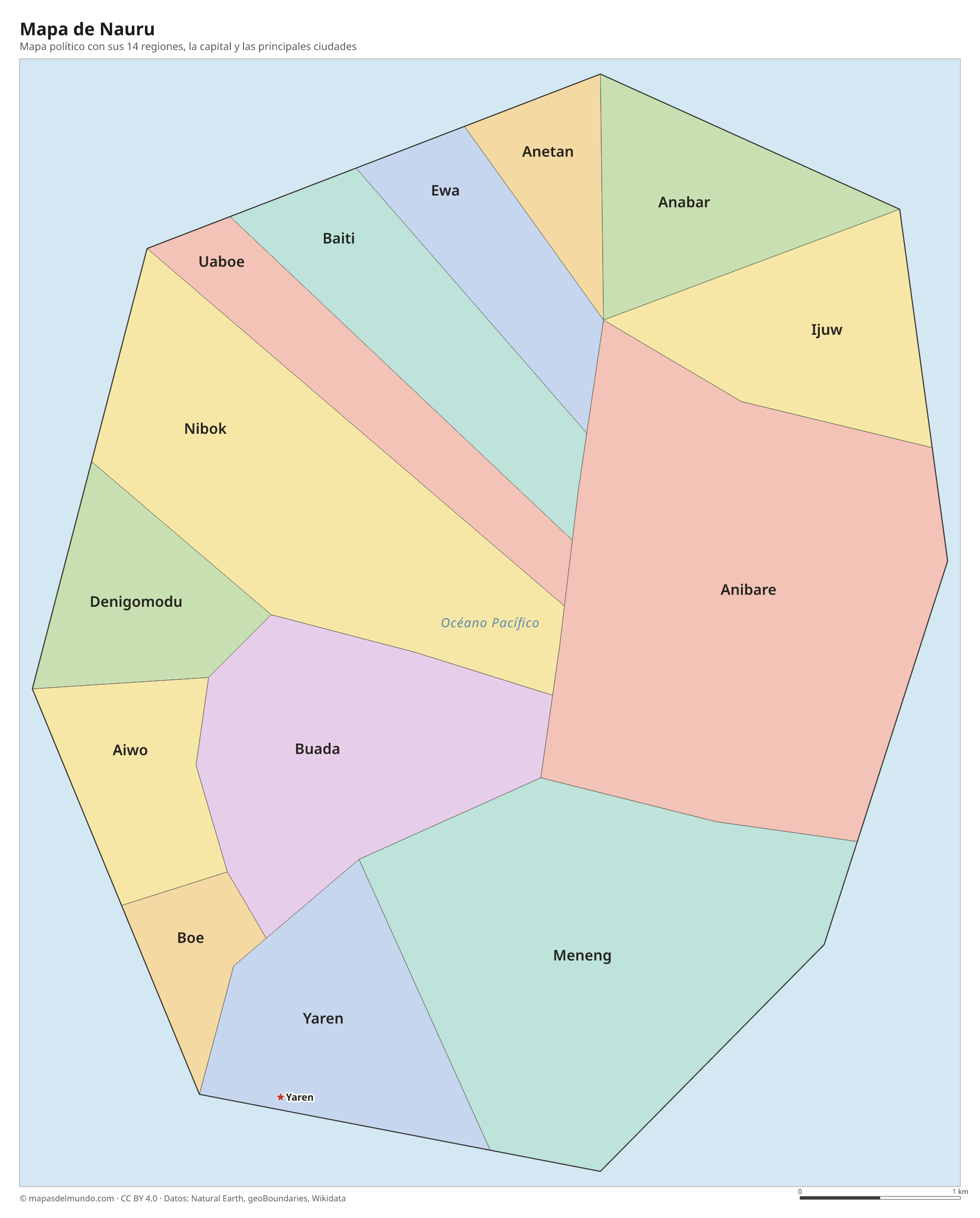 Mapa político de Nauru con sus regiones y la capital Yaren