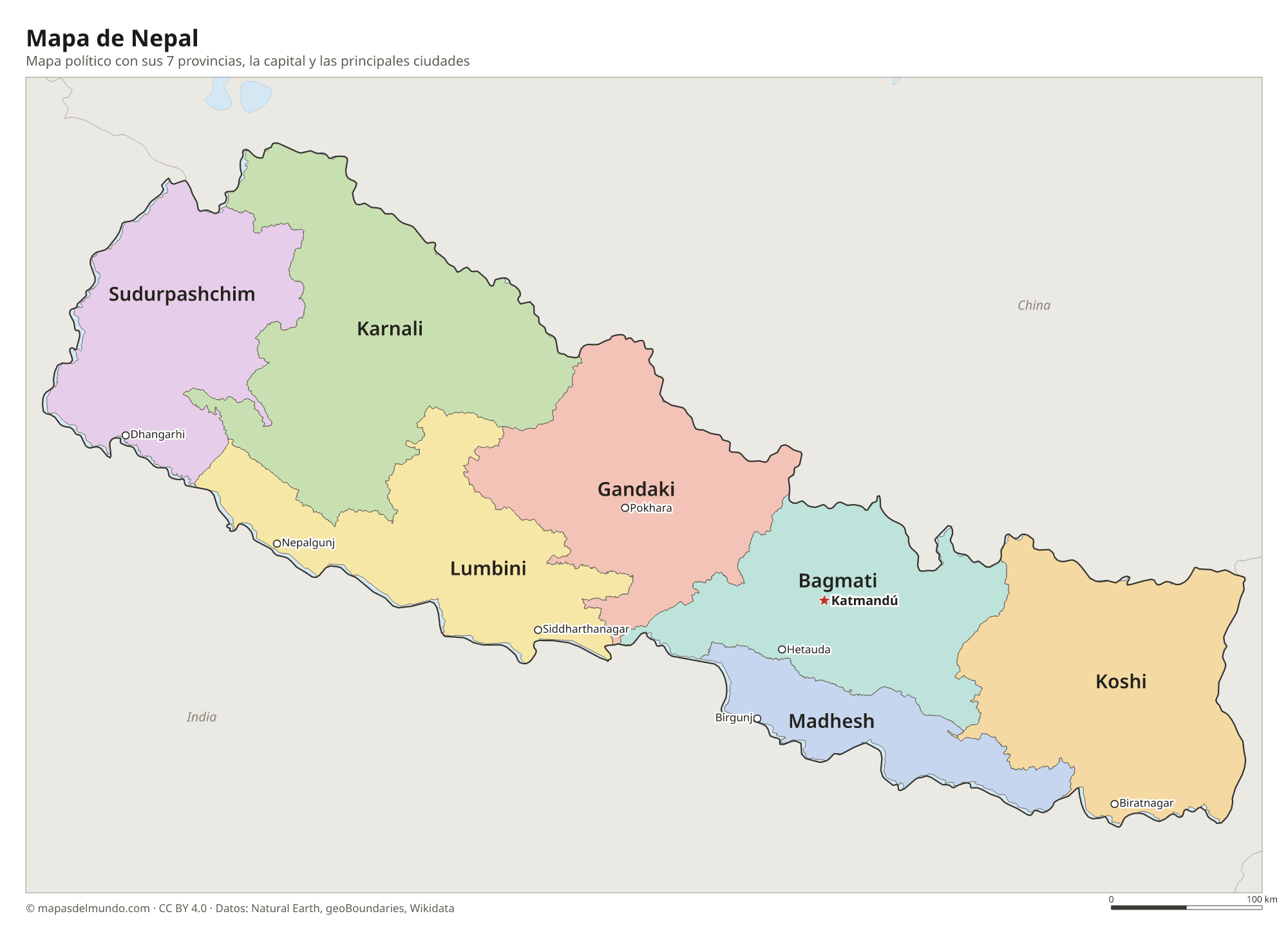 Mapa político de Nepal con sus provincias y la capital Katmandú