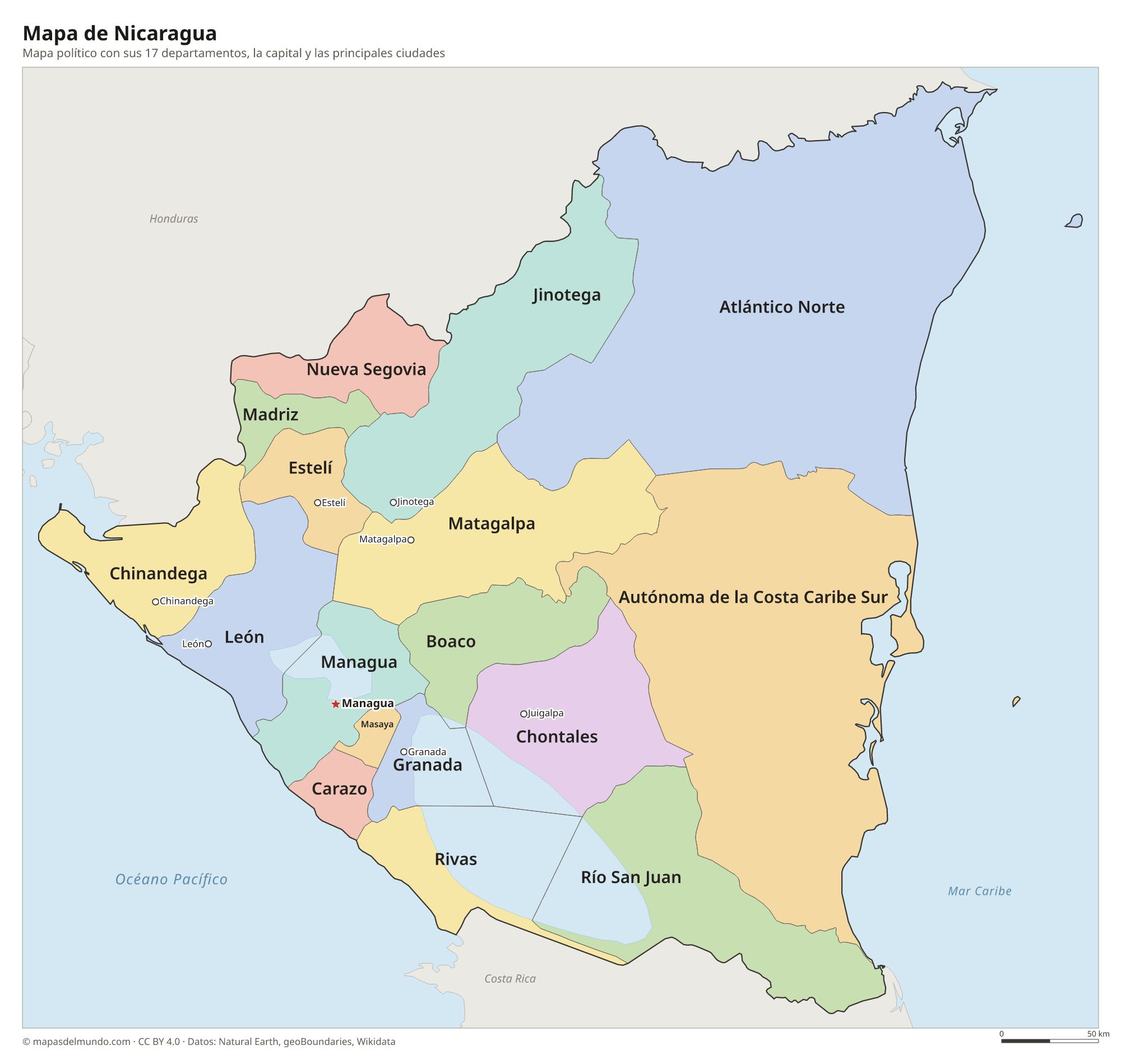 Mapa político de Nicaragua con sus departamentos y la capital Managua