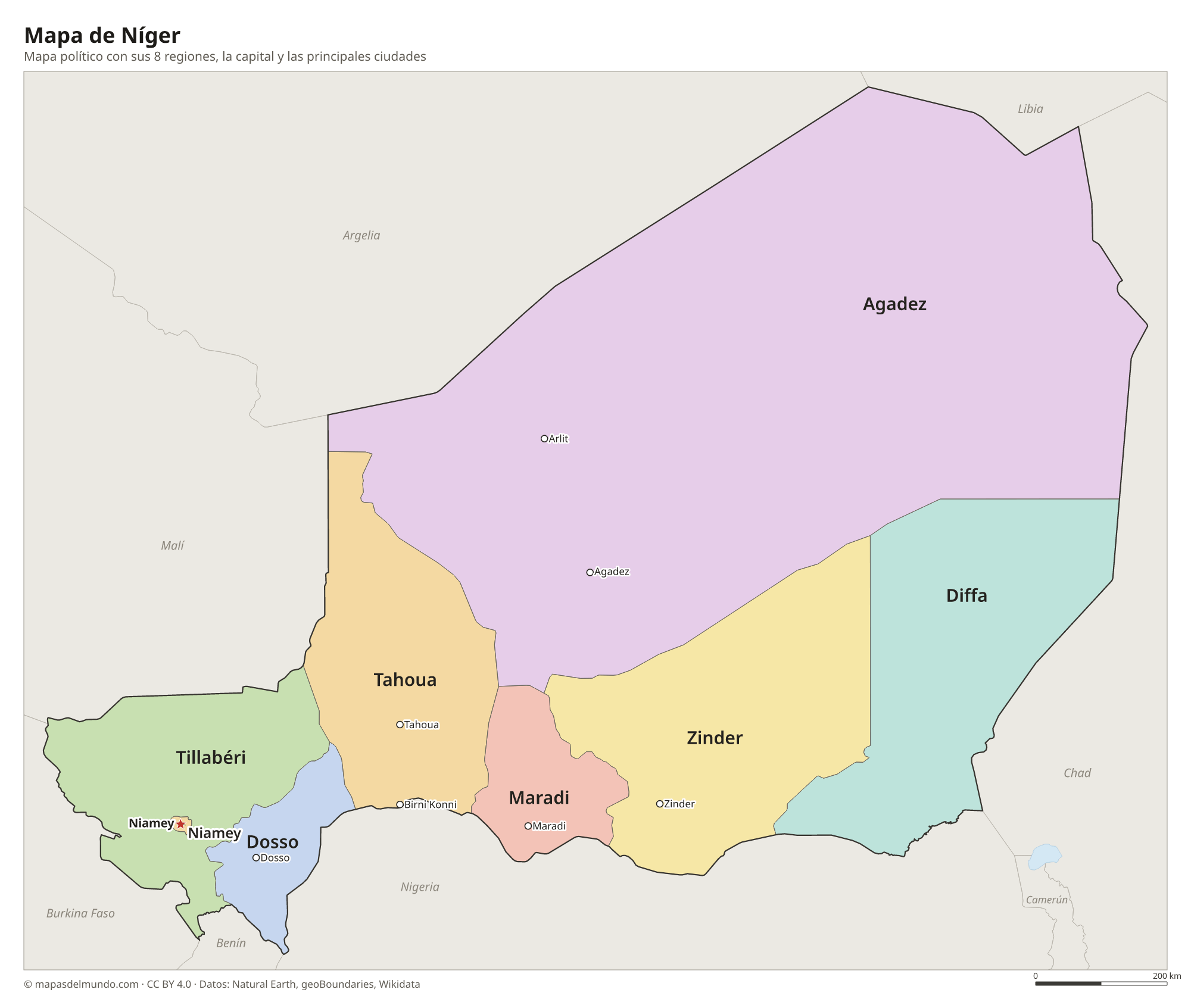 Mapa político de Níger con sus regiones y la capital Niamey