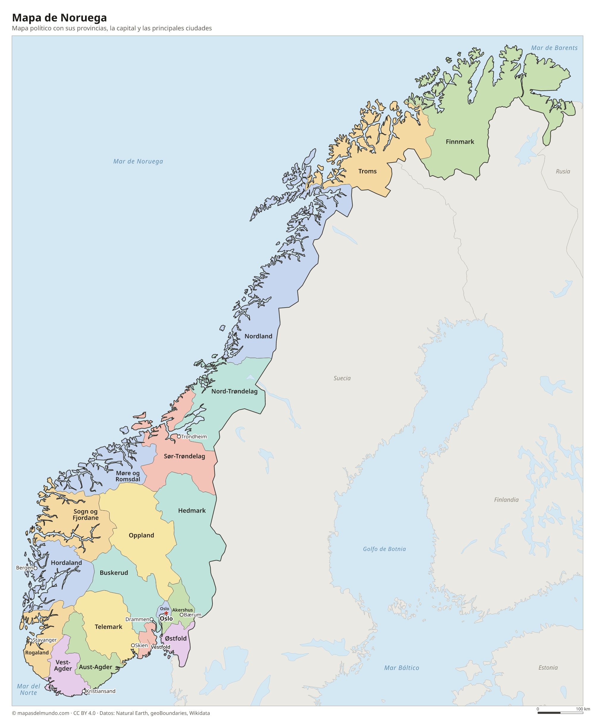 Mapa político de Noruega con sus provincias y la capital Oslo