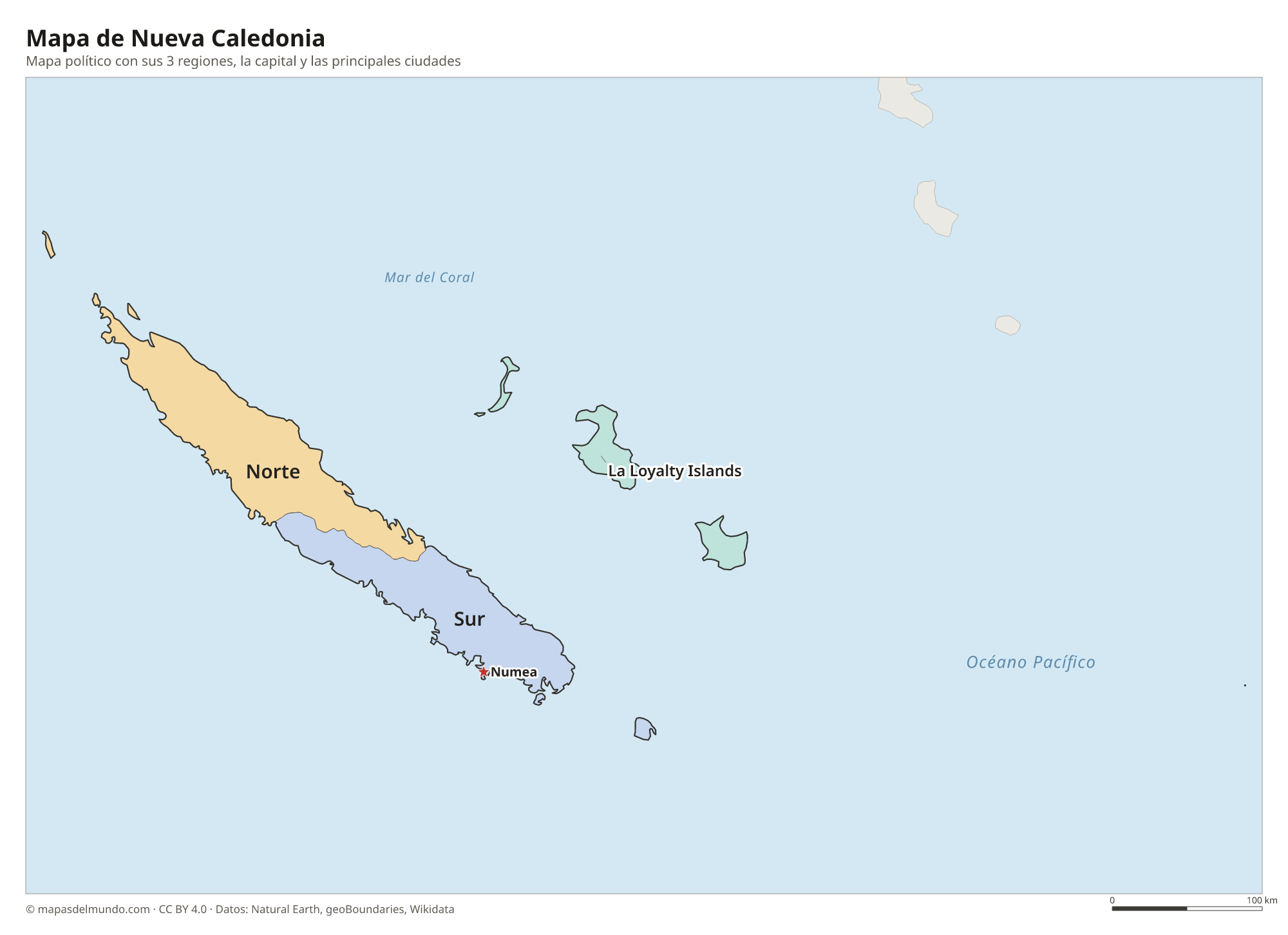 Mapa político de Nueva Caledonia con sus regiones y la capital Numea