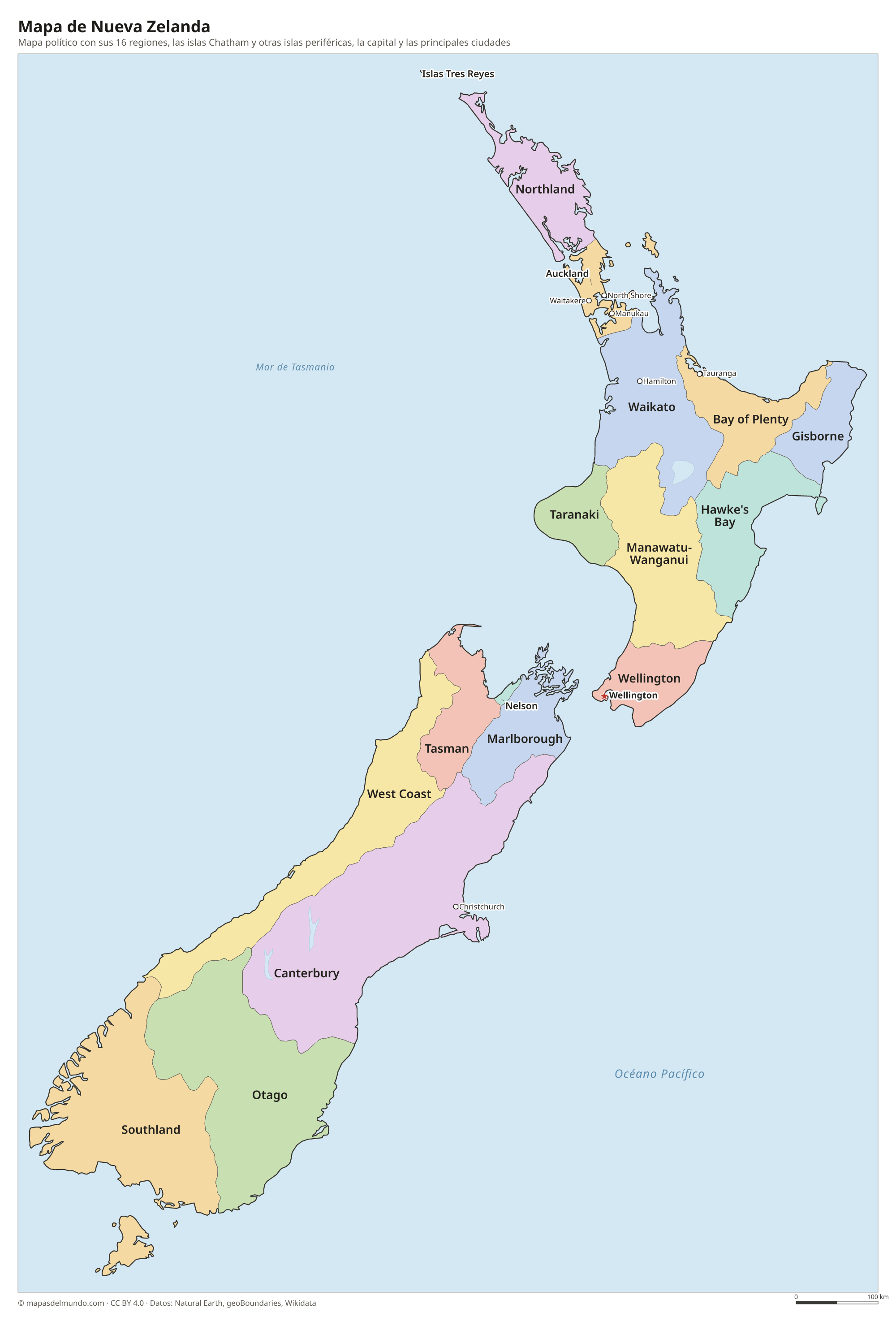 Mapa político de Nueva Zelanda con sus regiones y la capital Wellington