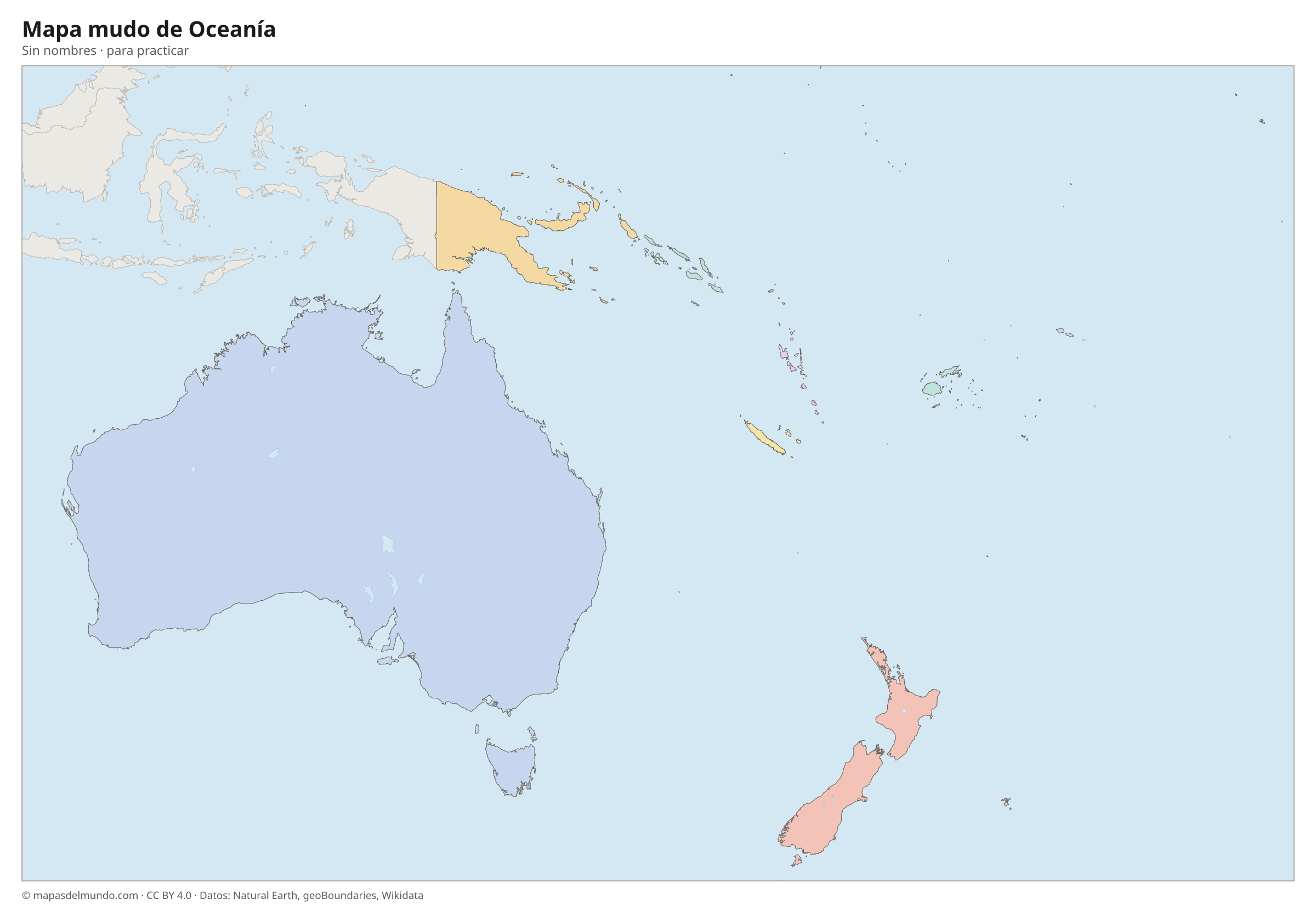 Mapa mudo de Oceanía sin nombres